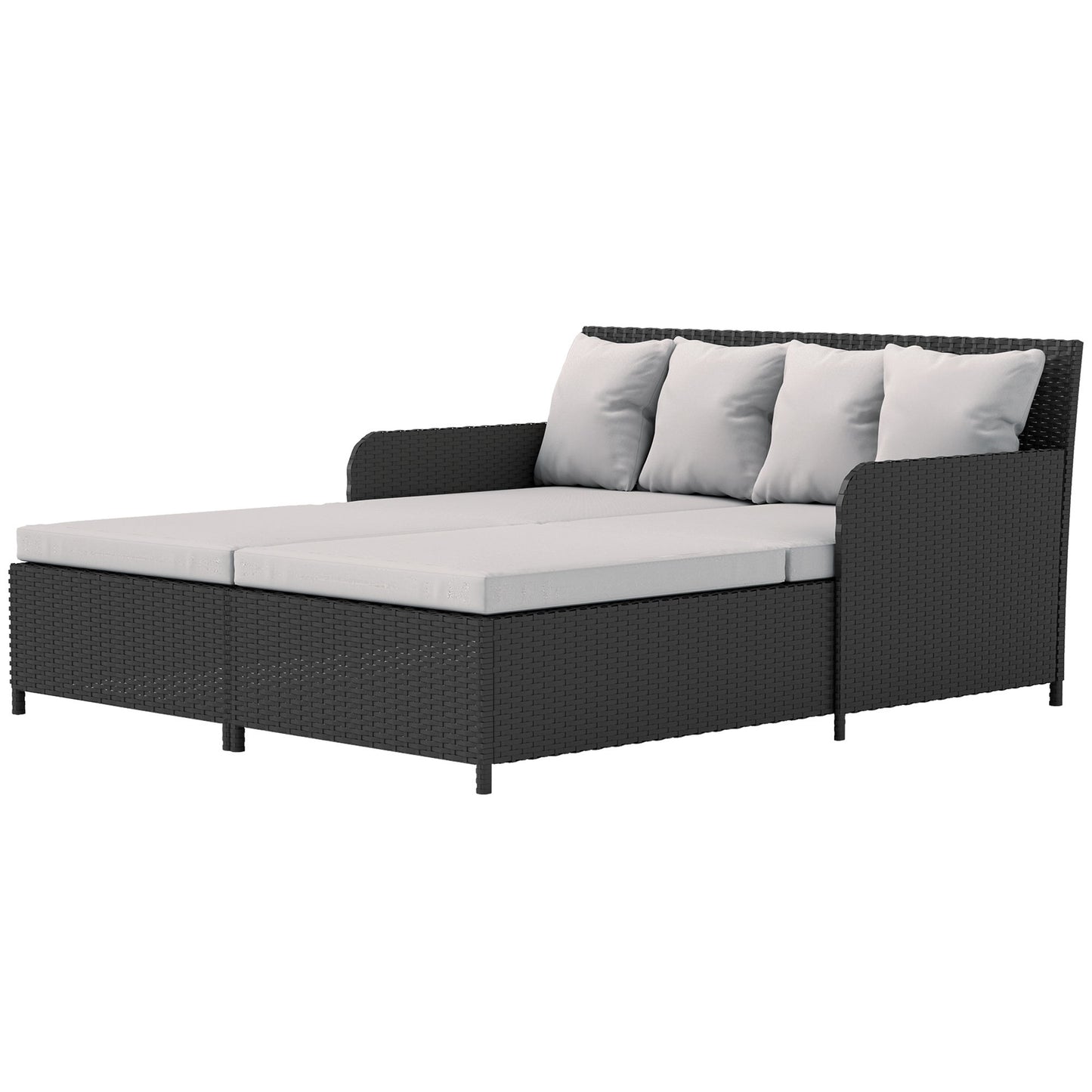 Rattan Outdoor Daybed, Sunbed Loveseat with Soft Cushions, 4 Pillows, Curved Backrest & Armrest, Light Grey