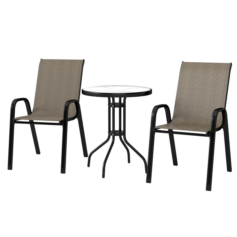 3-Piece Bistro Set with Stackable Mesh Chairs & Glass Table