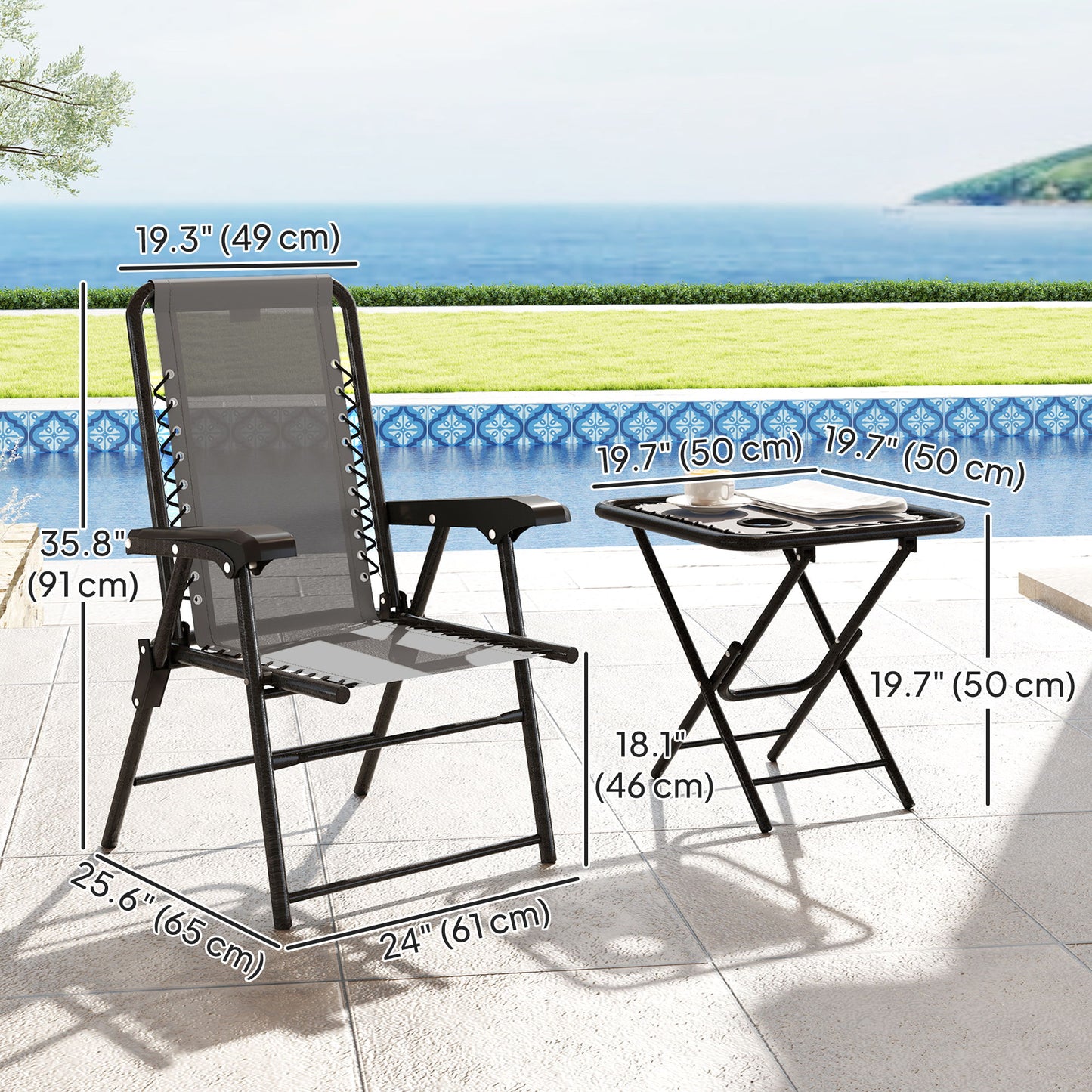 3 Pieces Patio Bistro Set, Outdoor Folding Table and Chairs Set, Metal Patio Furniture Set with Cup Holders