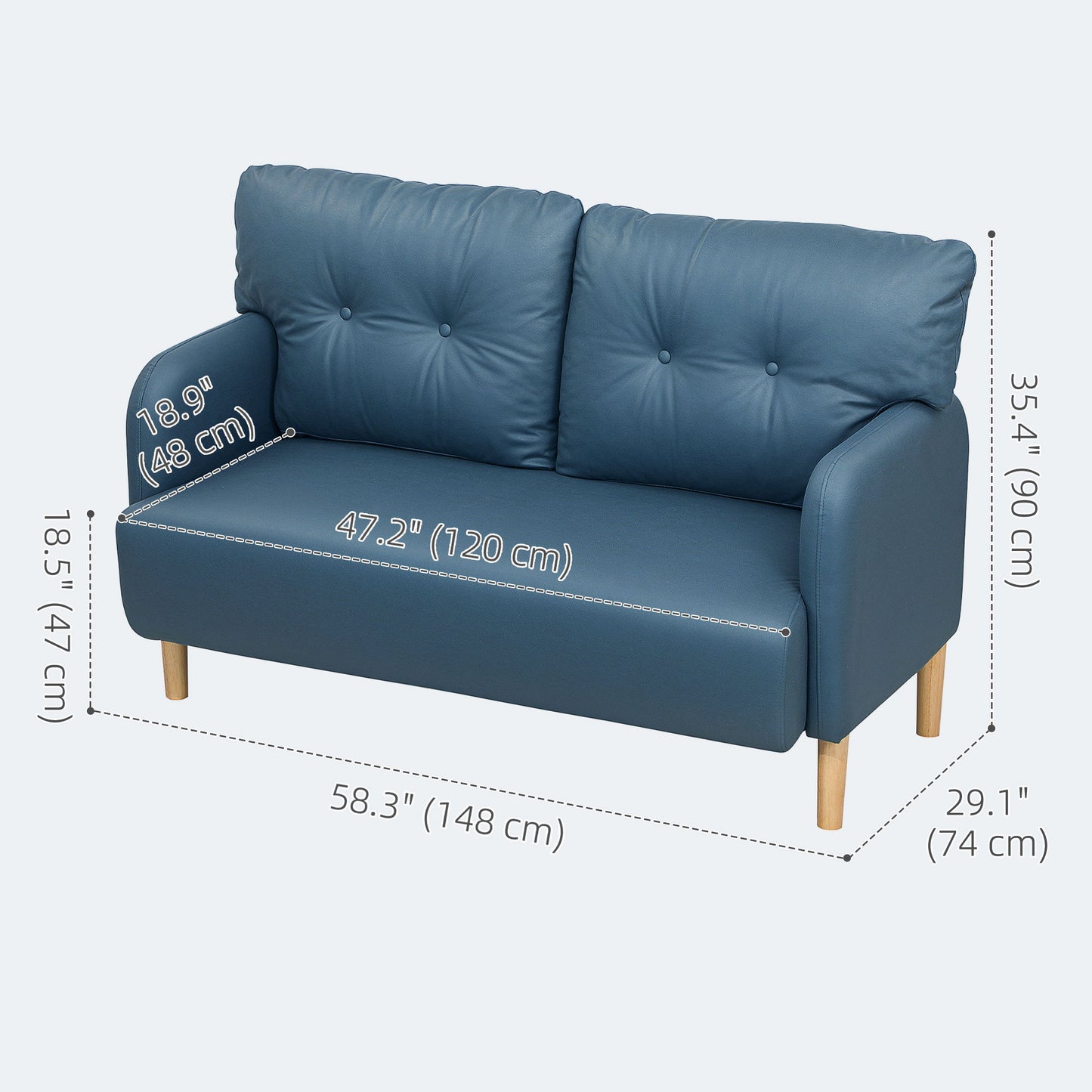 58" 2 Seat Sofa, Modern Love Seats Furniture, Upholstered 2 Seater Couch, Solid Wood Frame, Navy Blue