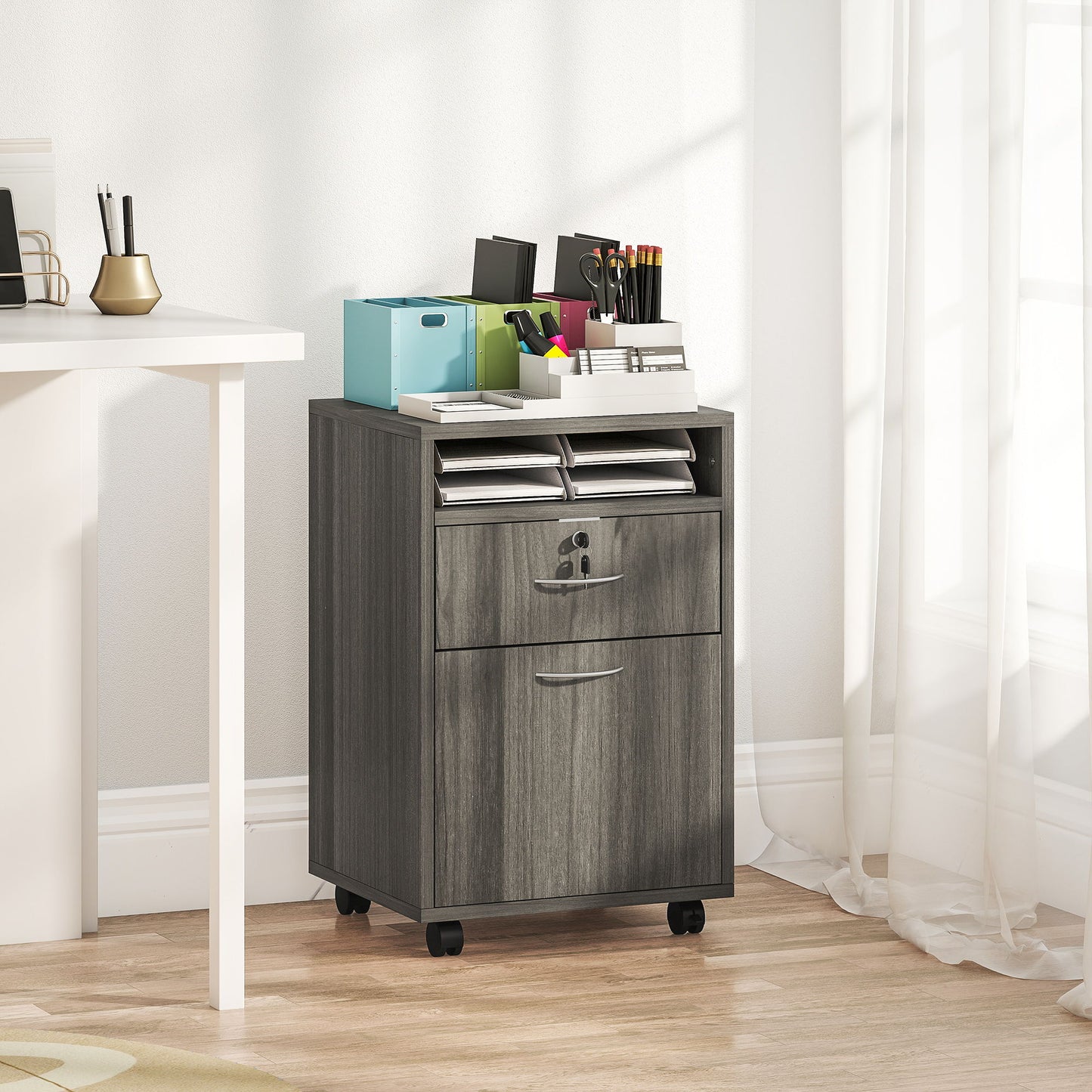 24" Filing Cabinet with Open Compartment, Lockable Drawer and Wheels, Home Office Storage Cabinet, Distressed Grey