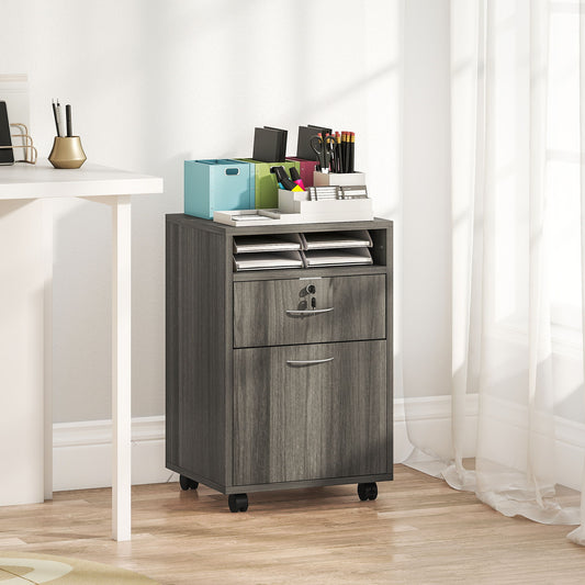 24" Filing Cabinet with Open Compartment, Lockable Drawer and Wheels, Home Office Storage Cabinet, Distressed Grey