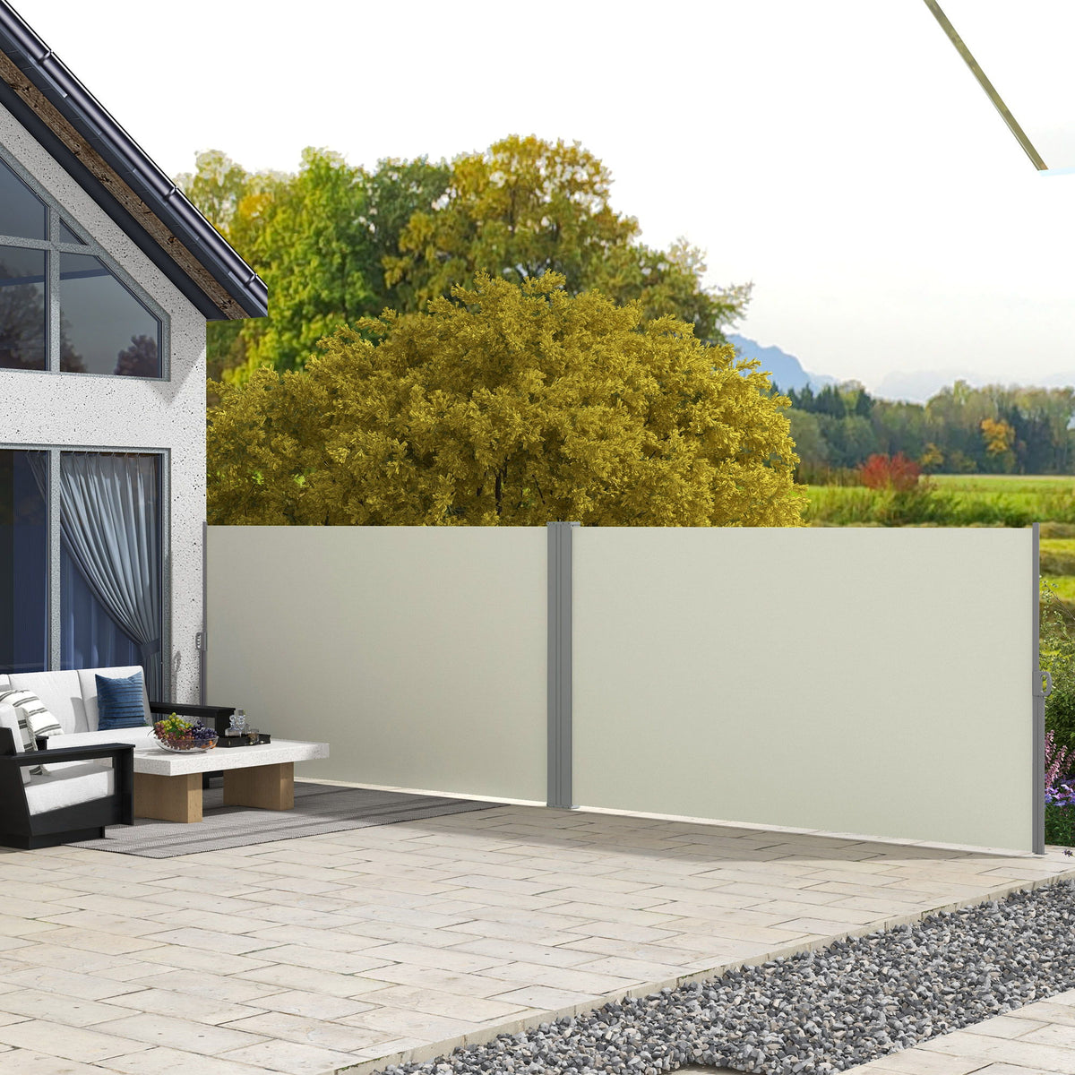 236" x 63" Outdoor Privacy Wall, Double Retractable Side Awning, Patio Screen for Garden, Balcony, Backyard, Cream White