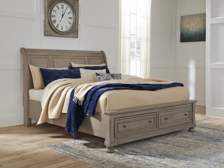 Lettner - 6 Pc. - Dresser, Mirror, Chest, Queen Sleigh Bed with 2 Storage Drawers, 2 Nightstands - Light Gray