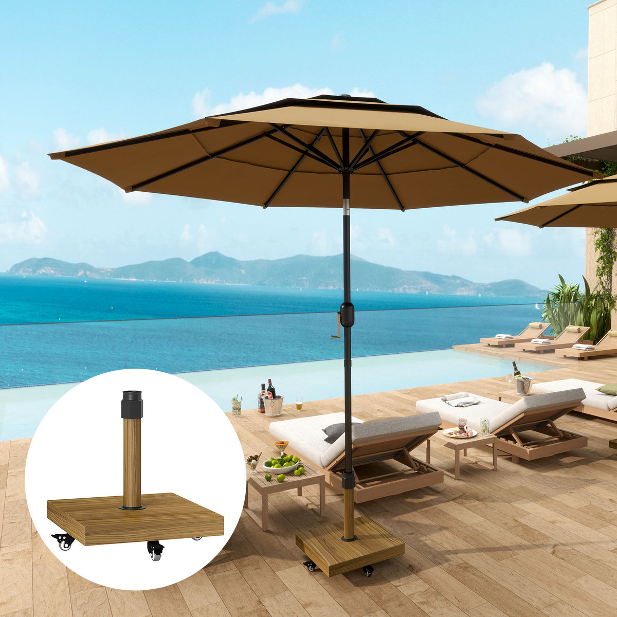 57 lbs Metal Square Patio Umbrella Base Holder, Outdoor Umbrella Stand with Wheels, Heavy Duty Patio Umbrella Stand Base for Garden, Poolside, Nature Wood