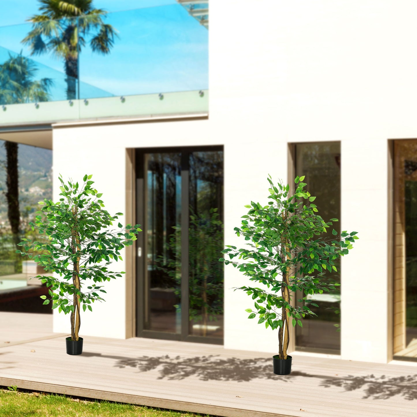 Set of 2 5ft Artificial Trees Ficus, Indoor Fake Plants with Pot, for Home Decor