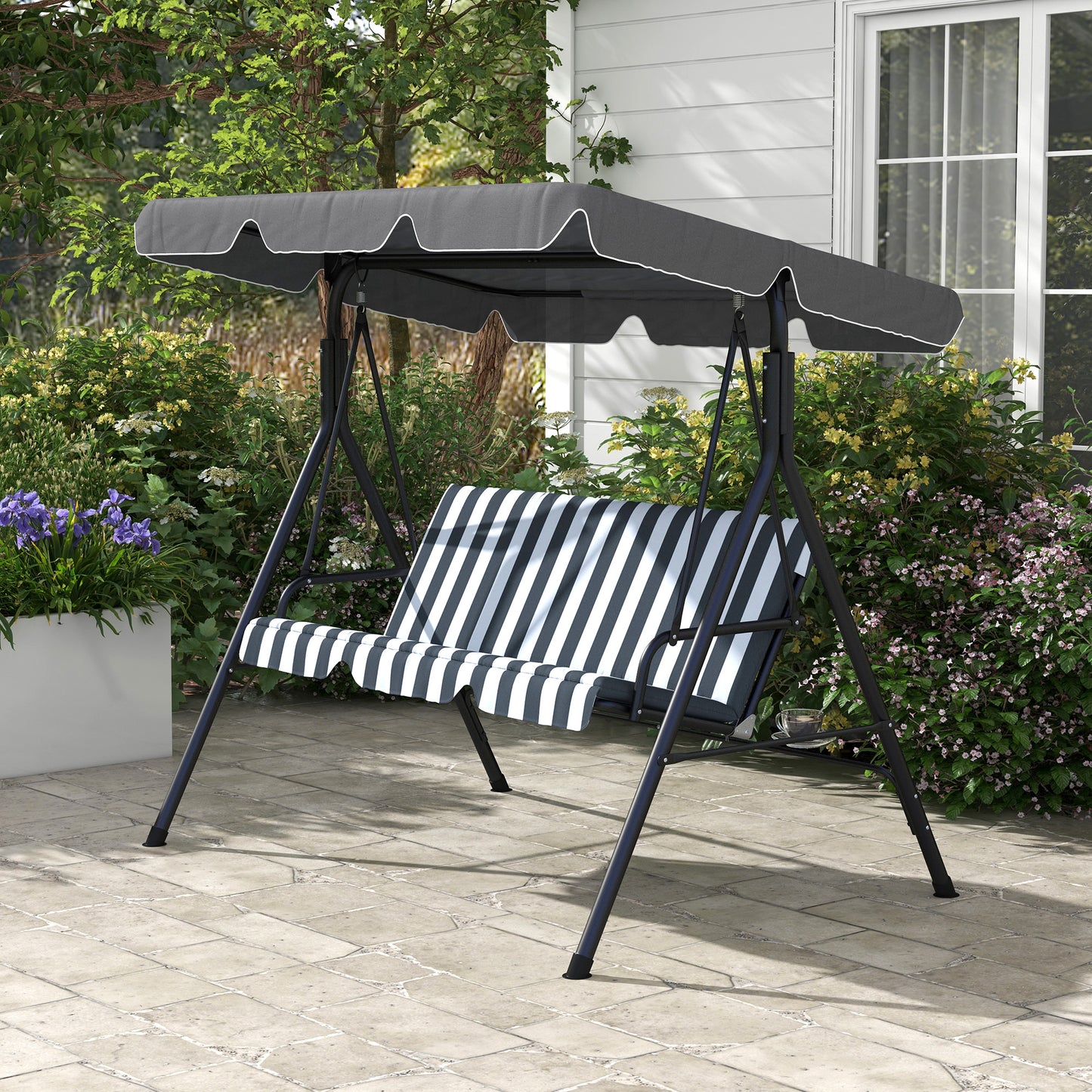 3-Seater Outdoor Porch Swing with Adjustable Canopy, Patio Swing Chair for Garden, Poolside, Backyard, Grey and White