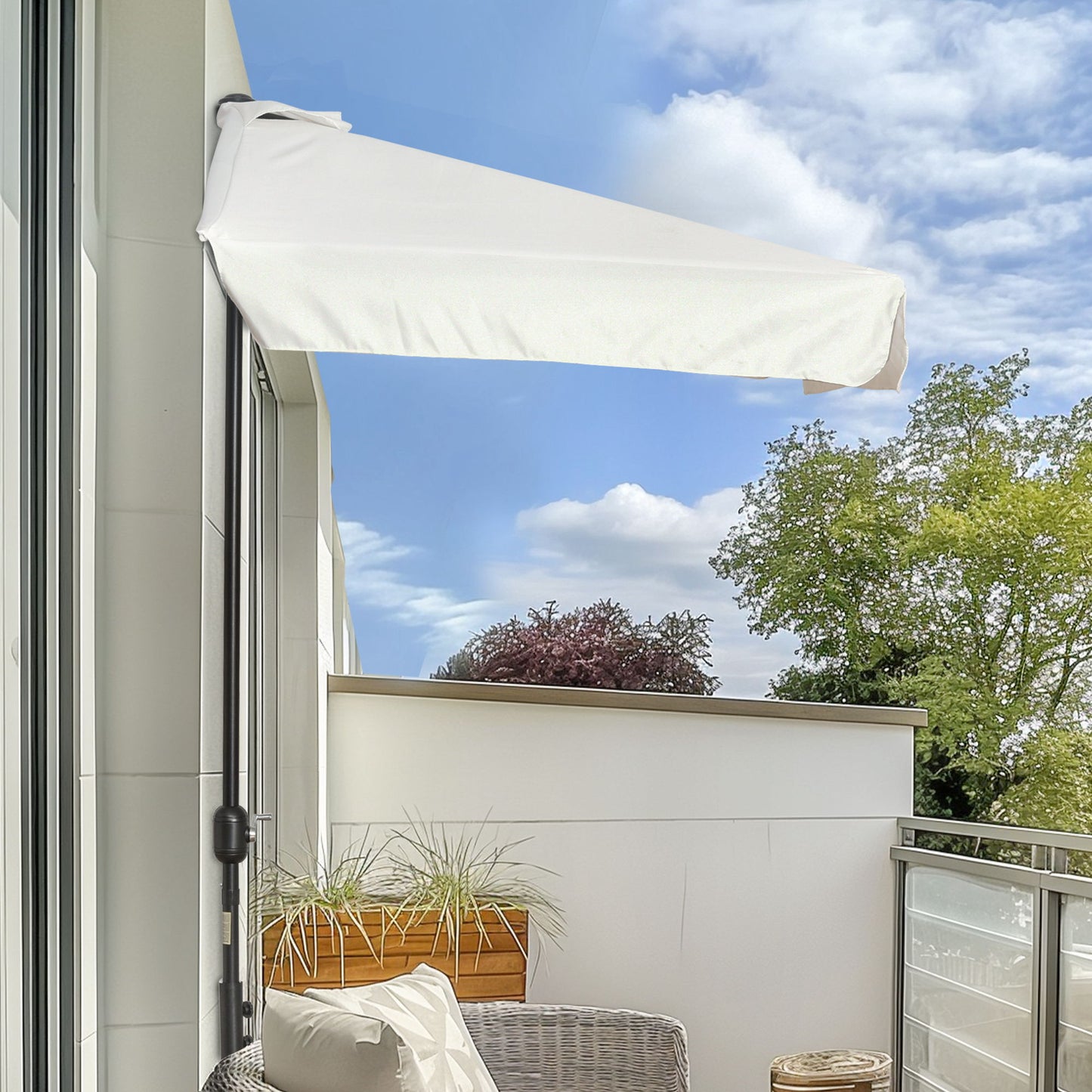 7.5ft Half Umbrella Semi Patio Parasol with Crank Handle, Top Vent for Garden, Balcony- NO BASE INCLUDED, Cream