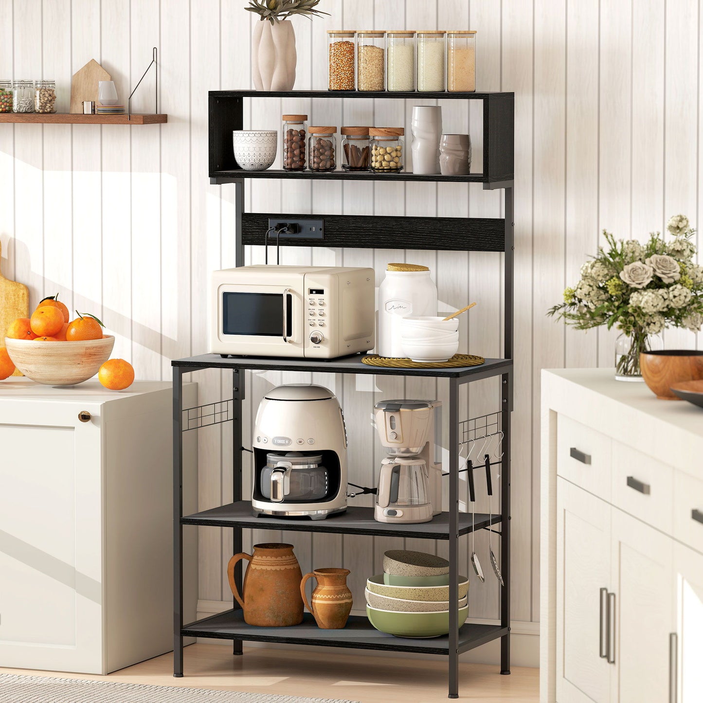 Baker's Rack with Charing Station, Microwave Shelf with Power Outlet, USB Charger and 5 Hooks, Black