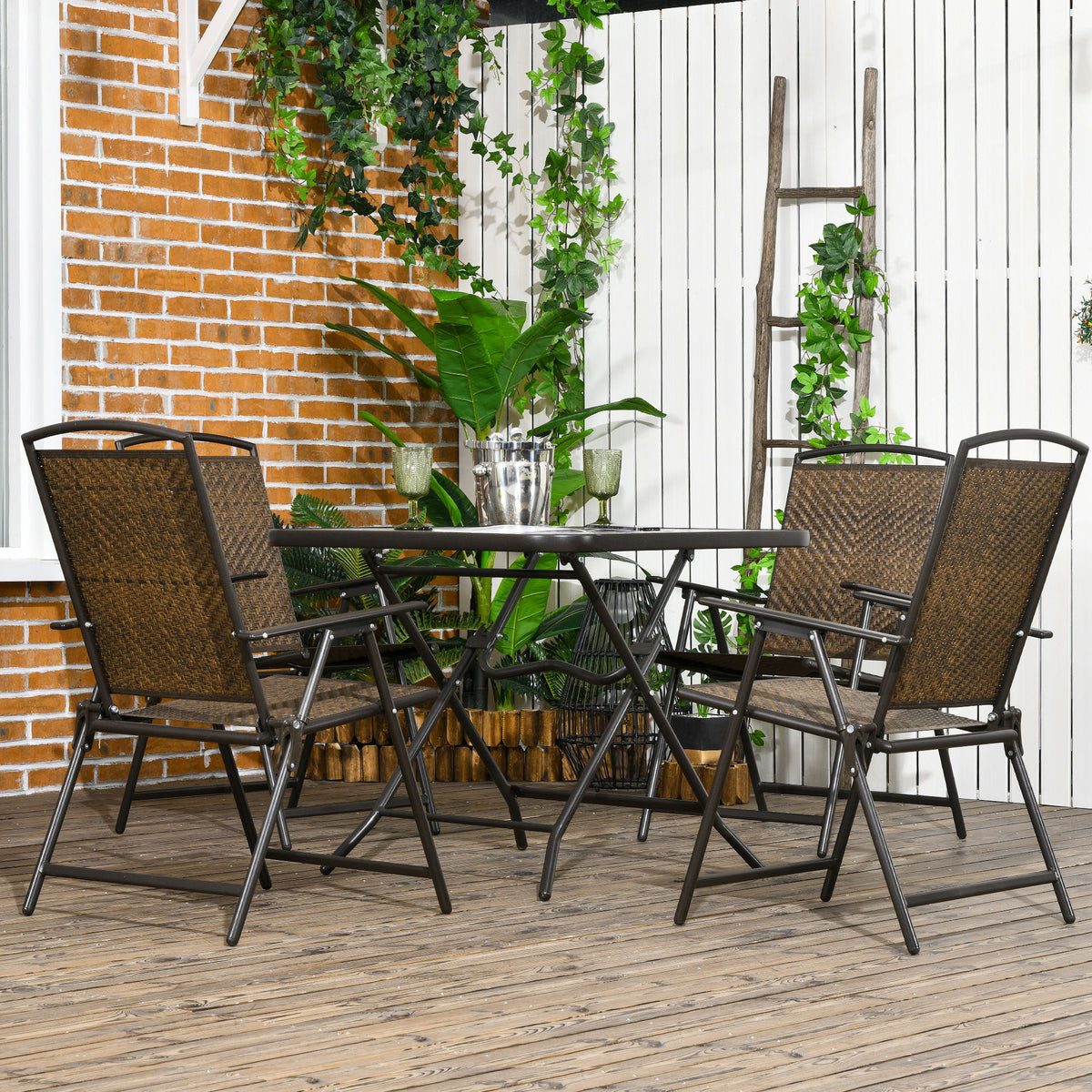 5 Pieces Folding Rattan Patio Table and Chairs for 4 with Umbrella Hole, Tempered Glass Top, Dark Brown