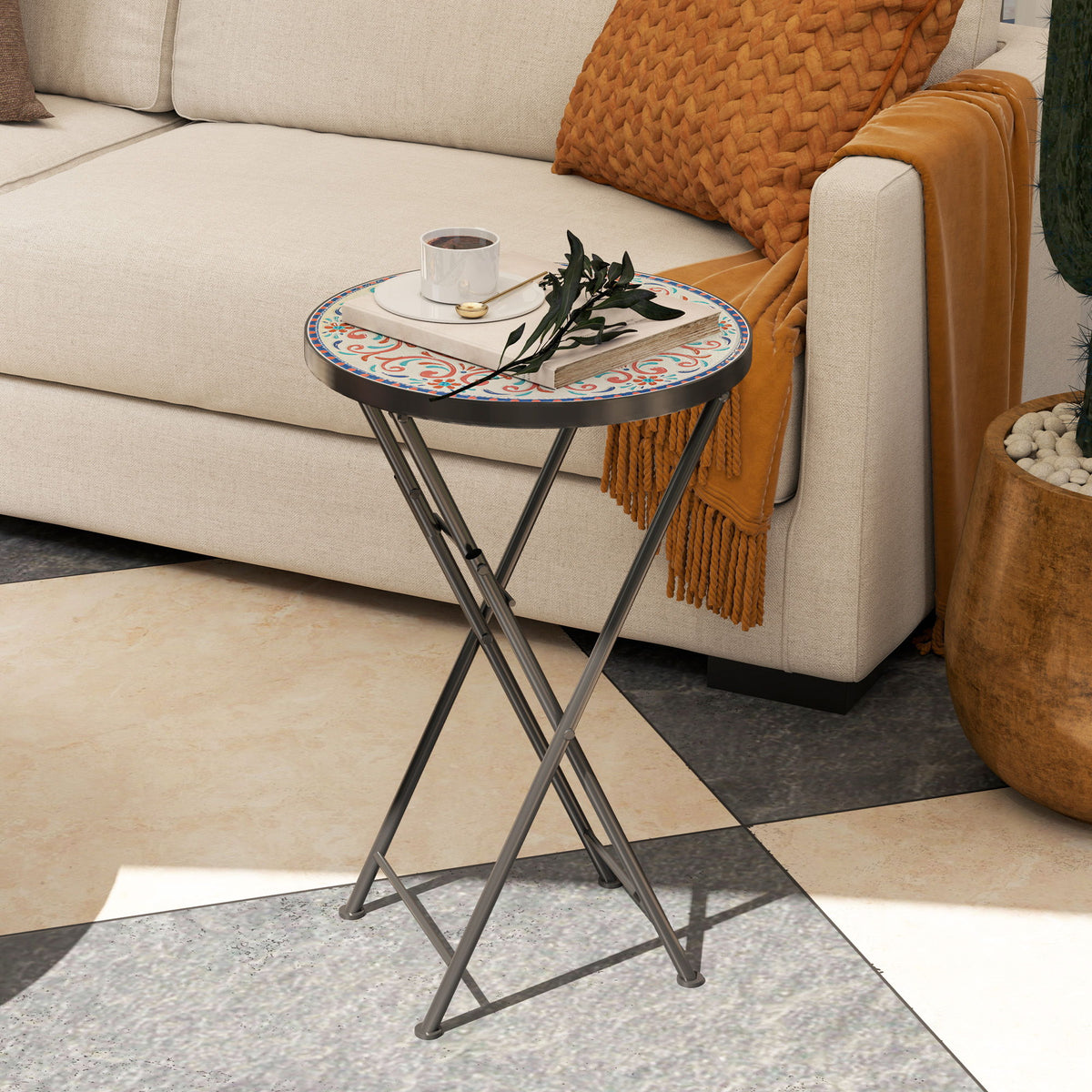 Mosaic Outdoor Patio Side Table, 14" Round Folding Outdoor Coffee Table with Steel Frame for Balcony Deck Patio Terrace, Mixed Colour