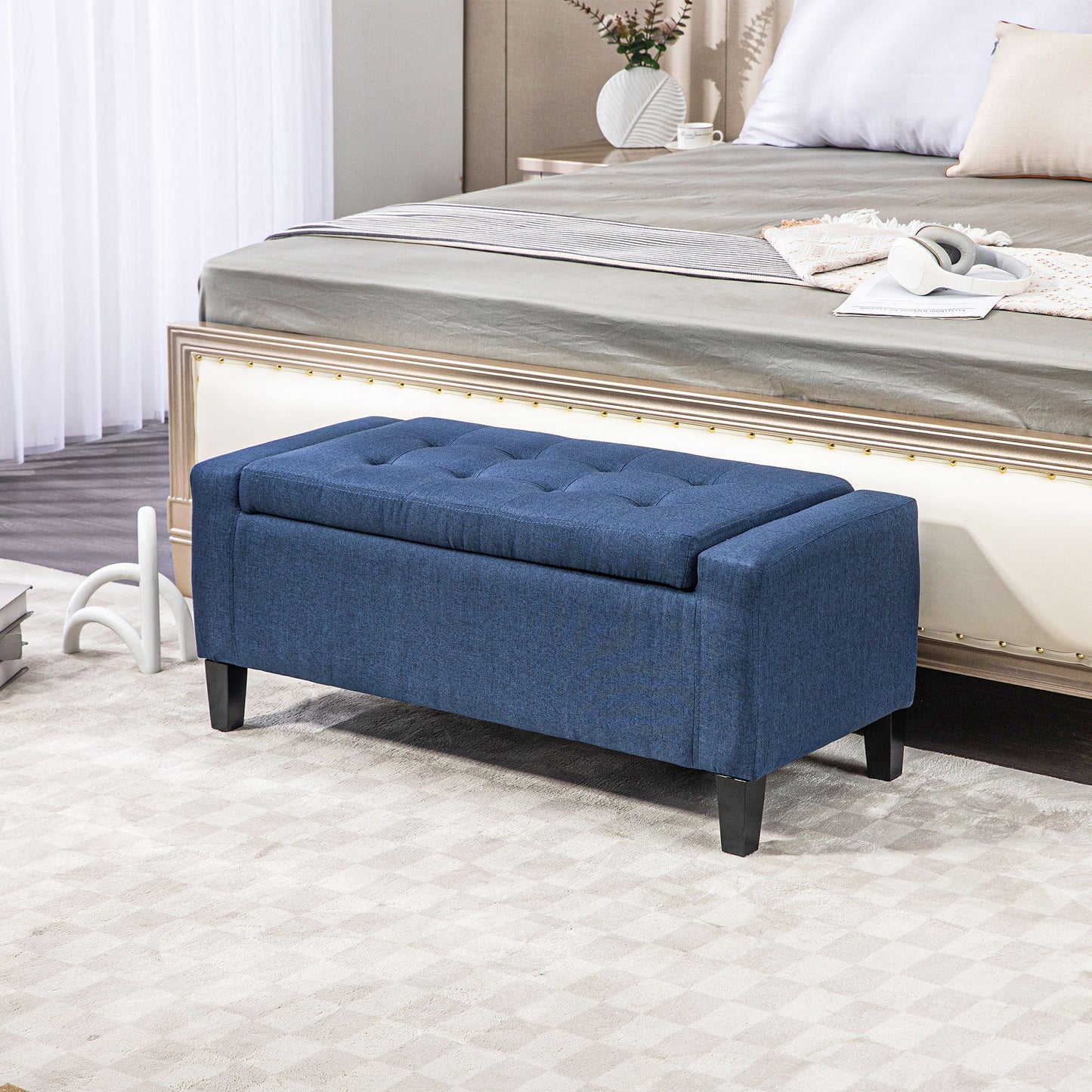 Storage Ottoman Bench, Linen Upholstered Bench with Tufted Design, Dark Blue