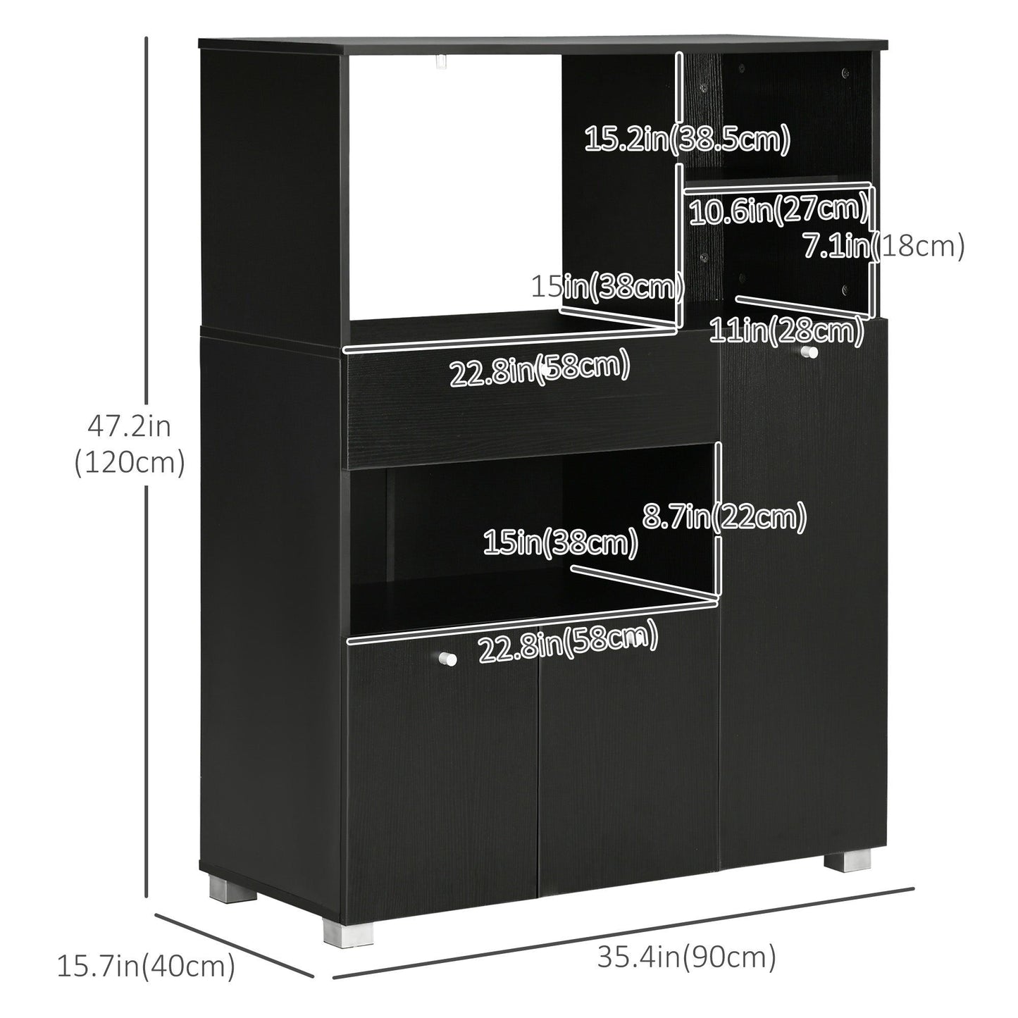 Compact Kitchen Pantry with Microwave Stand - Black