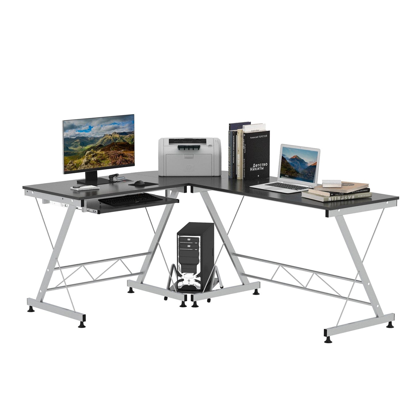 L-Shaped Corner Computer Desk with Keyboard Tray