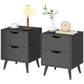 Modern Bedside Table Set of 2, Nightstand with 2 Drawers and Pine Wood Legs for Bedroom, Living Room, Black