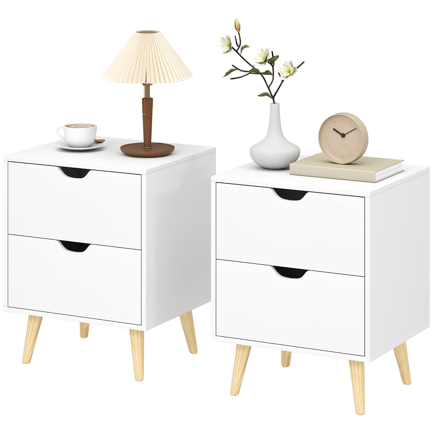 Nightstand Set of 2 with 2 Drawers and Pine Legs - White