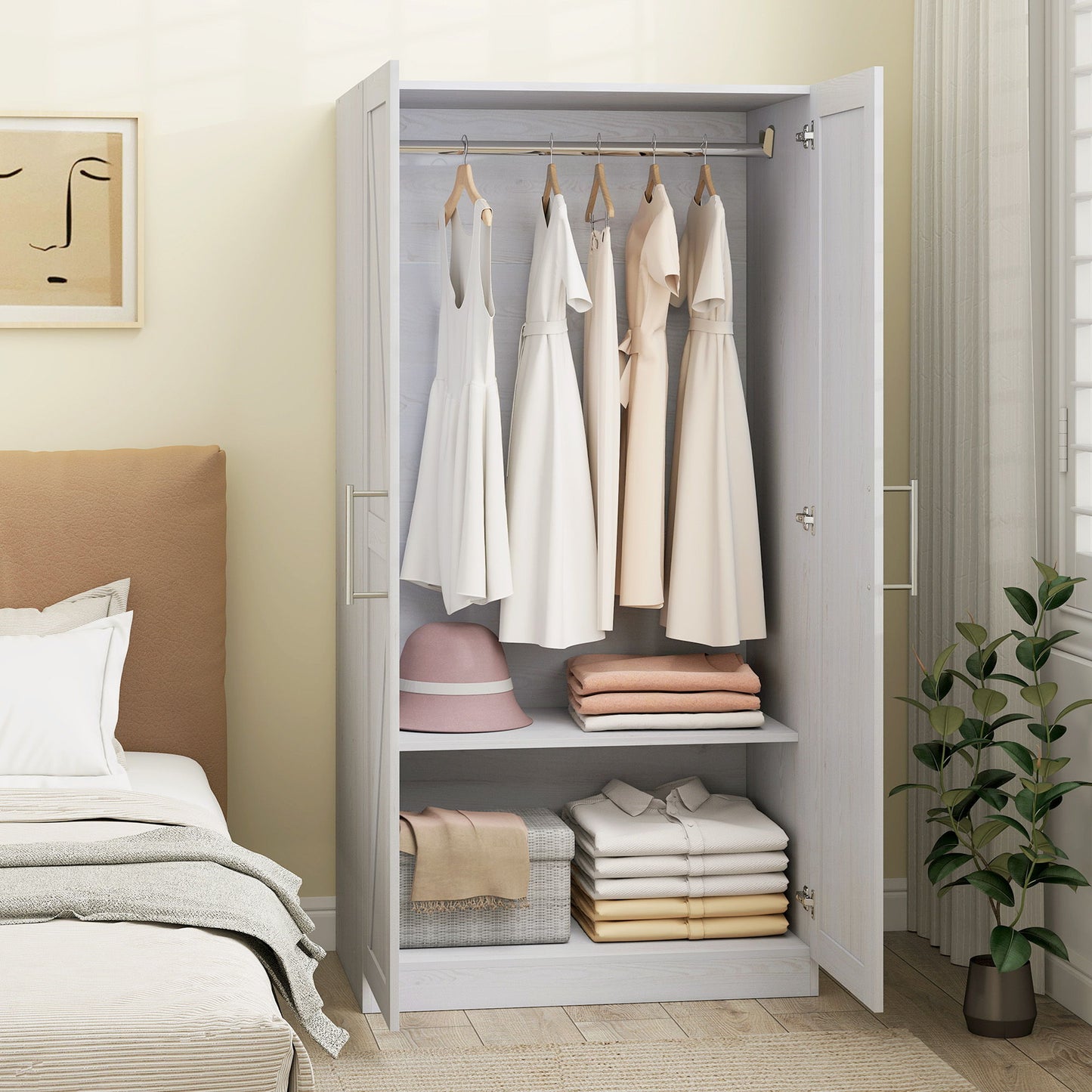 Wardrobe Cabinet with Hanging Rod, Anti-Tipping and 2 Barn Doors, Farmhouse Wardrobe Closet for Bedroom, White Wood Effect