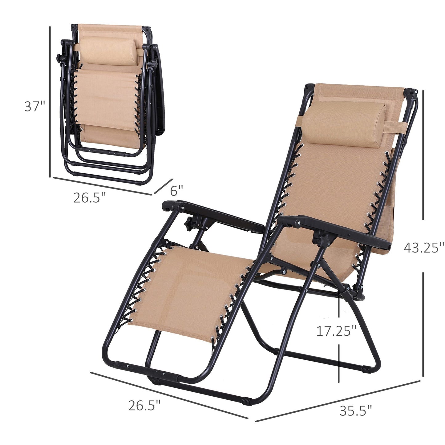 2 Piece Foldable Lounge Chair with Canopy Shade, Outdoor Zero Gravity Chair with Side Tray & Cup Holder, Reclining Lounger with Breathable Mesh Fabric Seat, Pillow, Beige