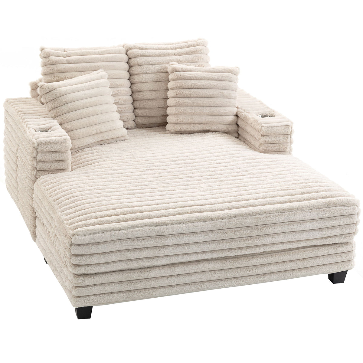 60" Chaise Lounge Chair, Oversized Upholstered Sofa Bed with Cup Holders & Pillows, Sleeper Couch for Living Room, Beige