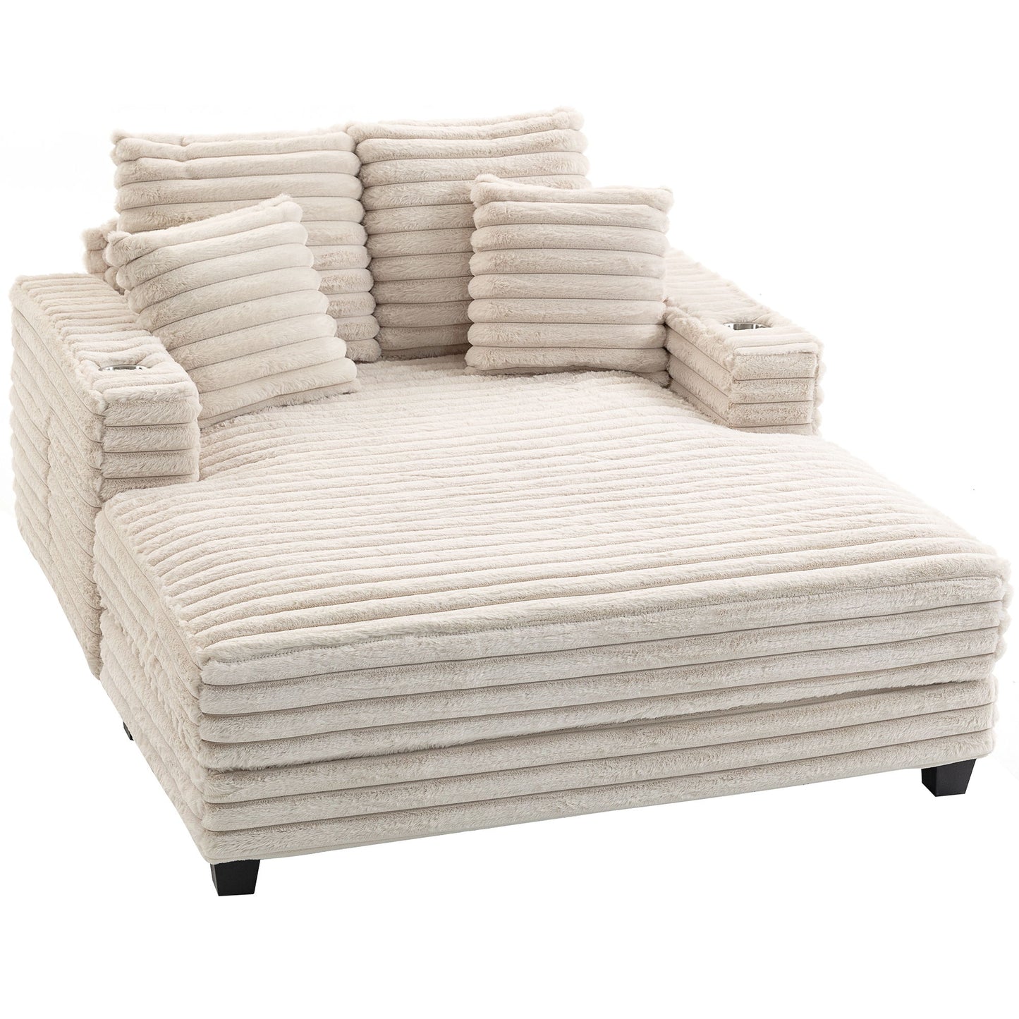 60" Chaise Lounge Chair, Oversized Upholstered Sofa Bed with Cup Holders & Pillows, Sleeper Couch for Living Room, Beige