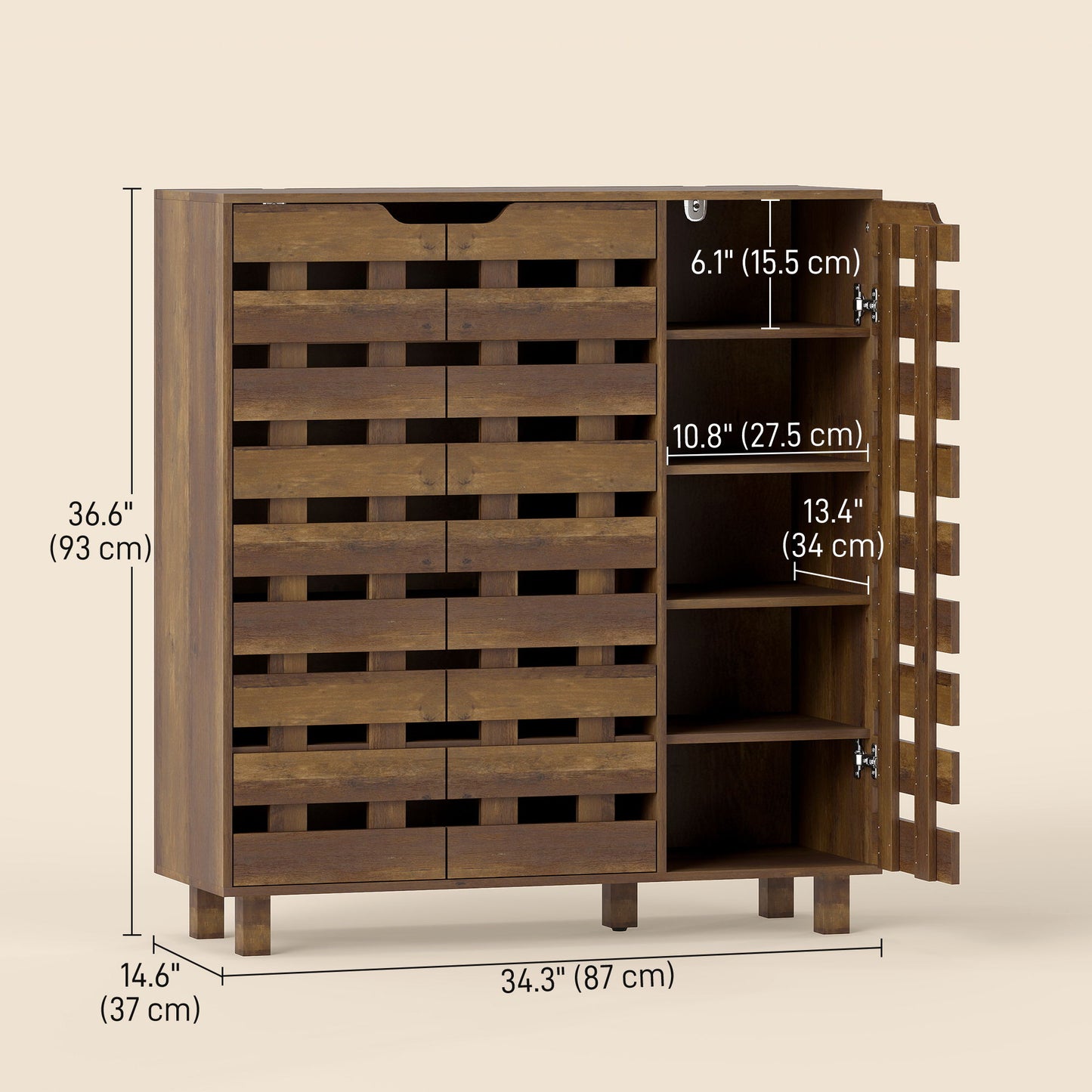 Shoe Cabinet, 20 Pair Shoe Storage Cabinet with Hollowed-Out Doors, Distressed Brown