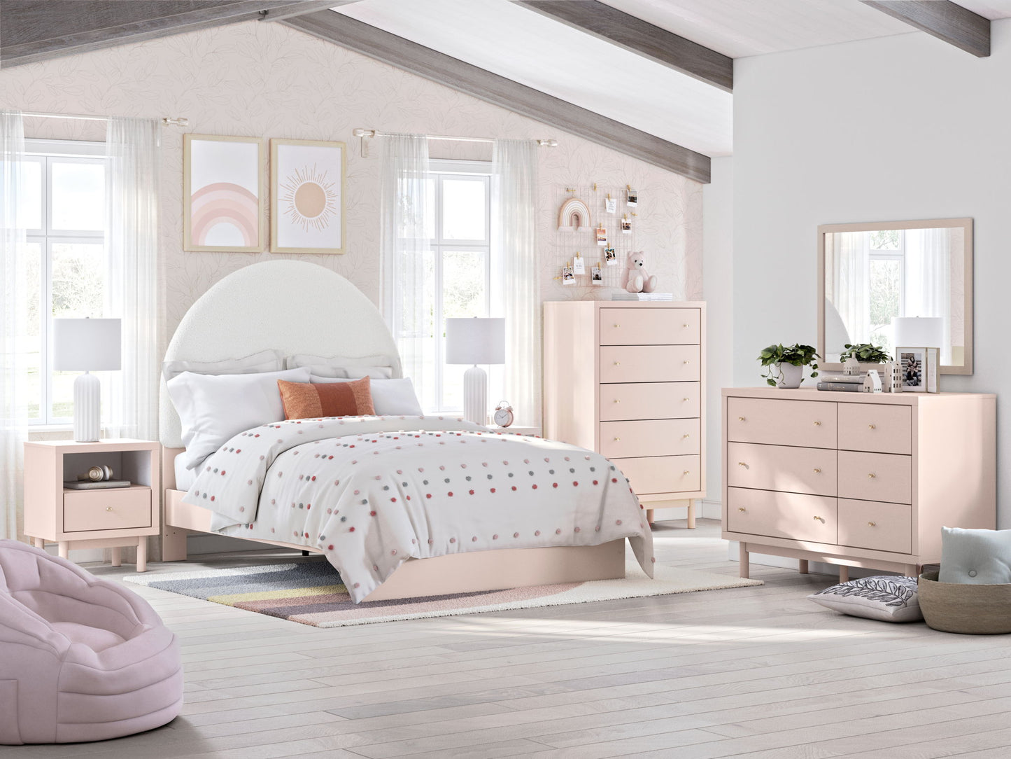 Wistenpine - 7 Pc. - Dresser, Mirror, Chest, Full Upholstered Panel Bed - Blush