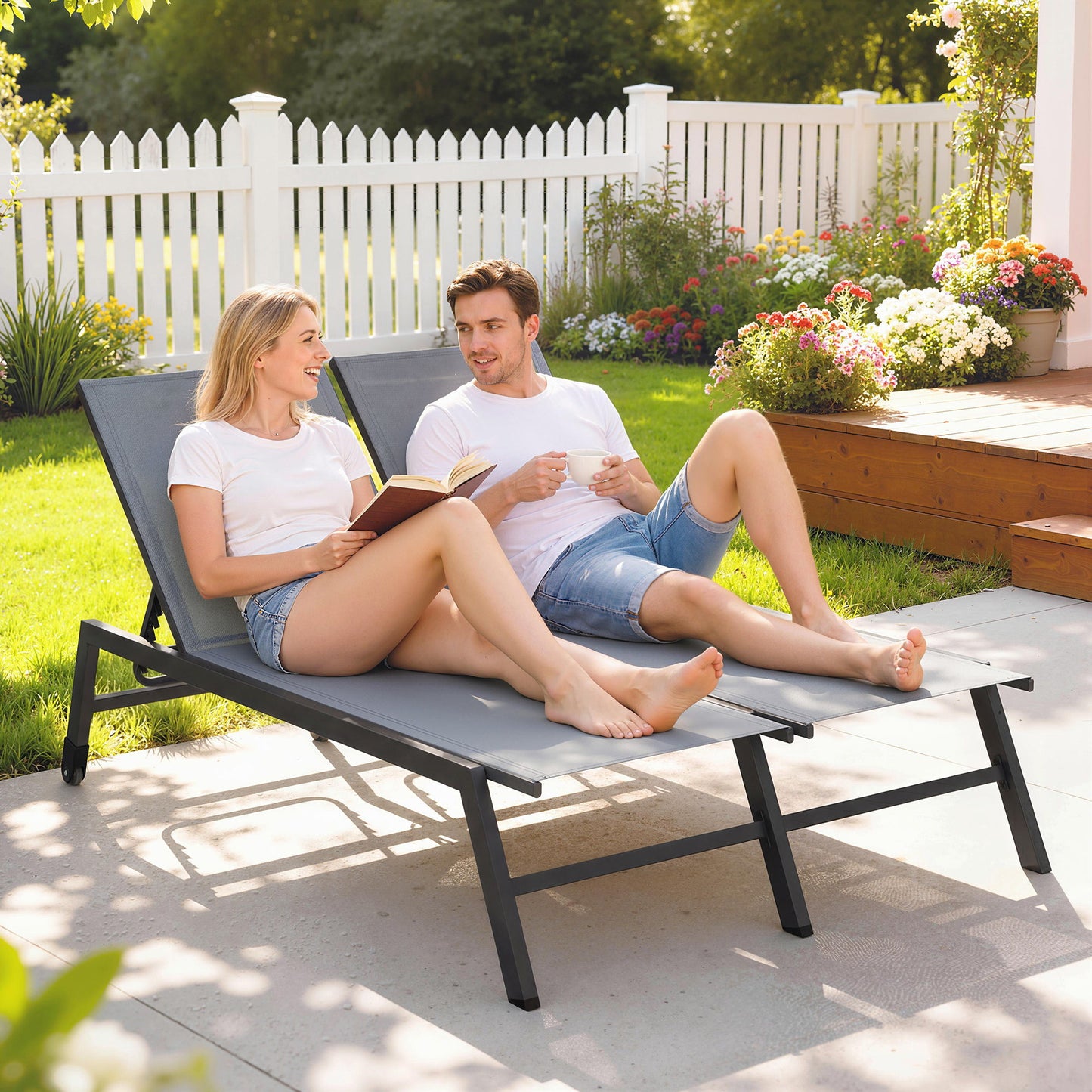 Chaise Lounge Chair for 2 Person, Outdoor Lounge Chair with 5-Position Adjustable and Wheels