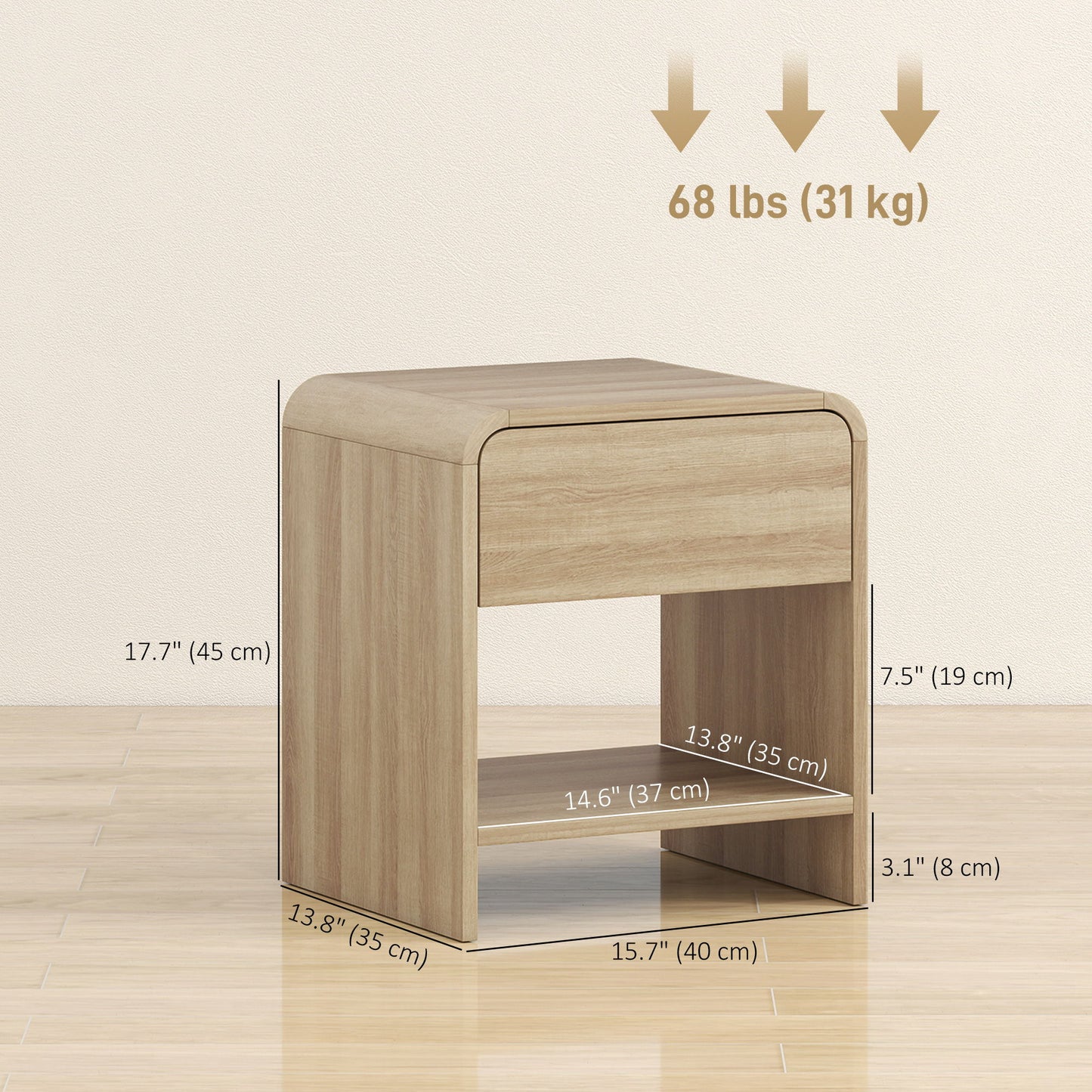 Nightstand Set of 2, Modern Bedside Table with Rounded Corners, Nightstand with Drawer and Open Shelf, Natural Wood