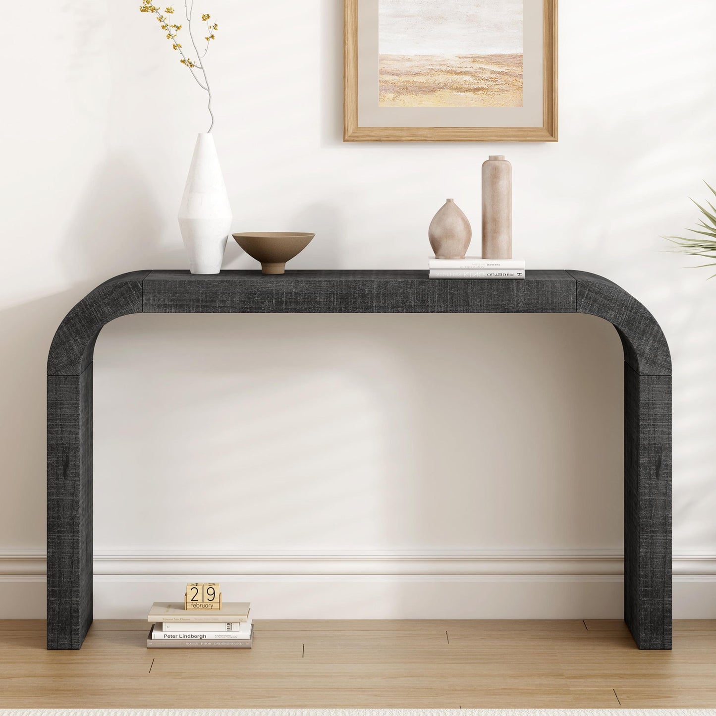 Vintage Farmhouse Console Table with Curved Edge and Distressed Wood Grain, Sturdy Sofa Table for Entryway, 52" L x 12" W x 31" H, Black