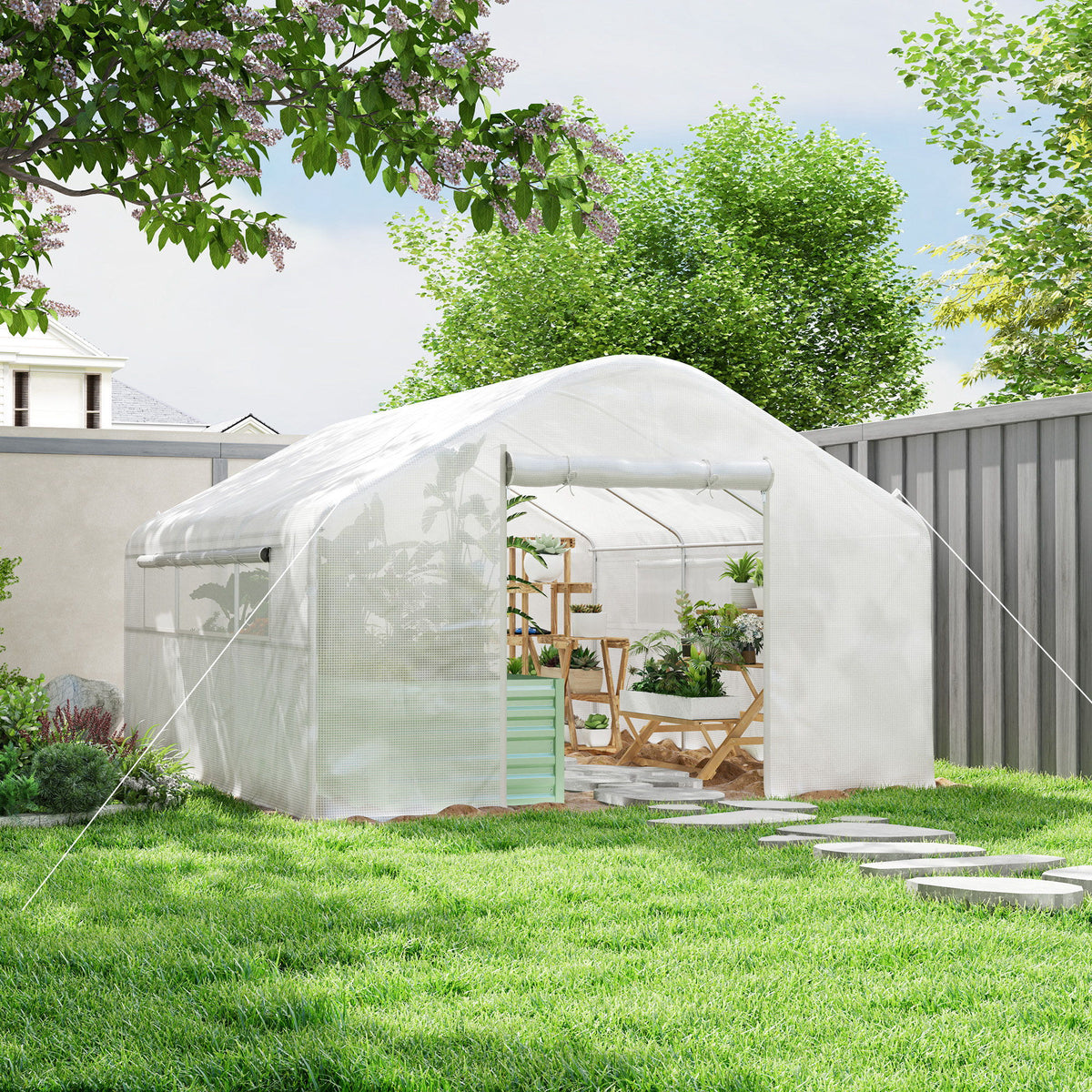 Walk-in Tunnel Greenhouse with Galvanized Steel Frame and Windows, Garden Planting Warm House, 13' x 10' x 6.5' , White