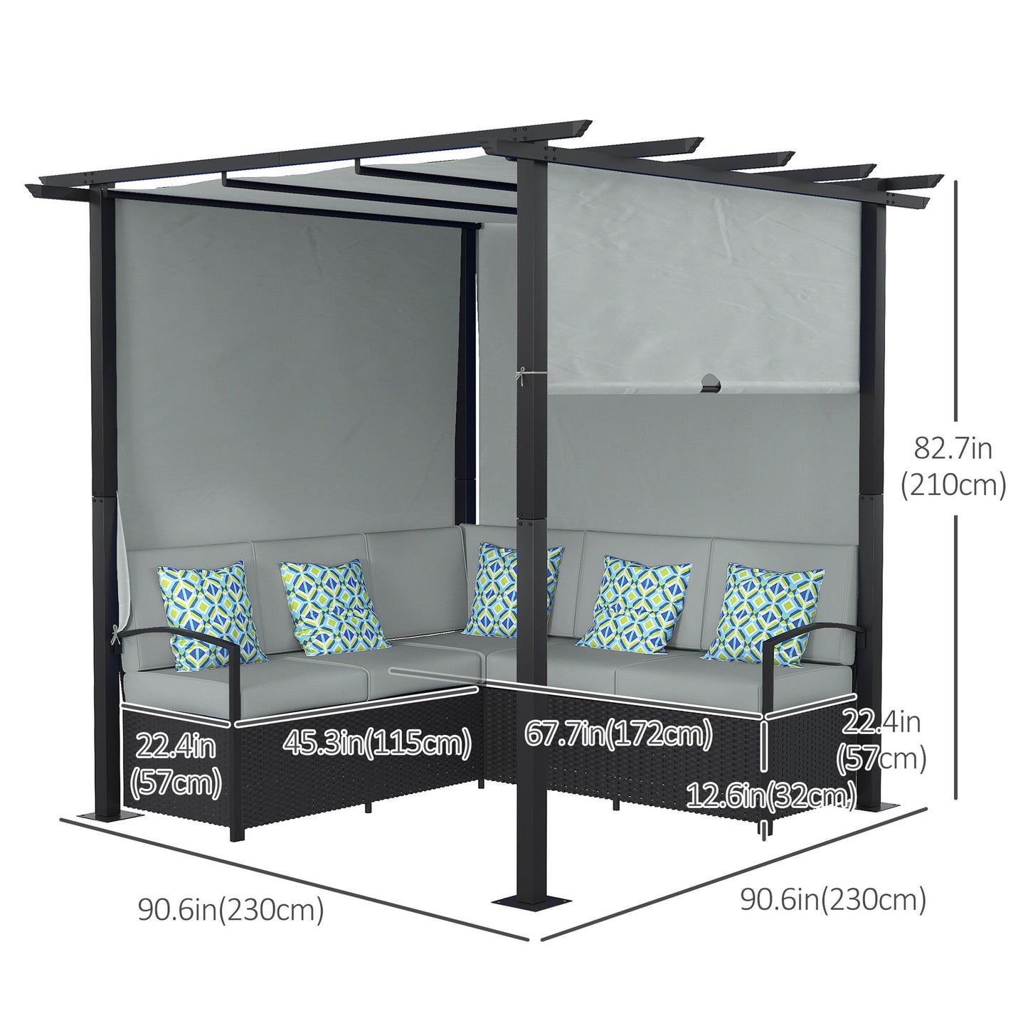 Wicker Patio Furniture, Outdoor PE Rattan Sofa Set with Retractable Canopy Pergola, Shade Shelter for Deck, Pool, Garden, Terrace, Grey