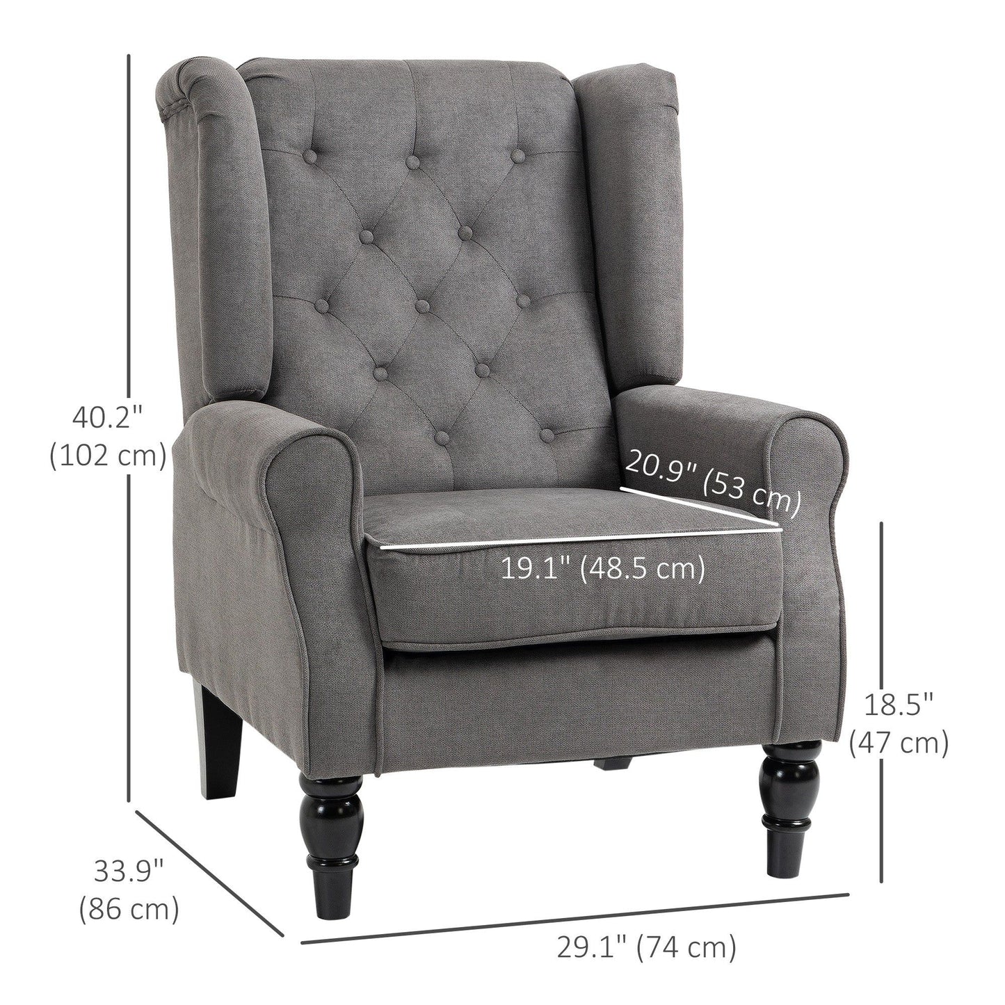 Button-Tufted Fabric Accent Chair with Wood Legs - Charcoal Grey