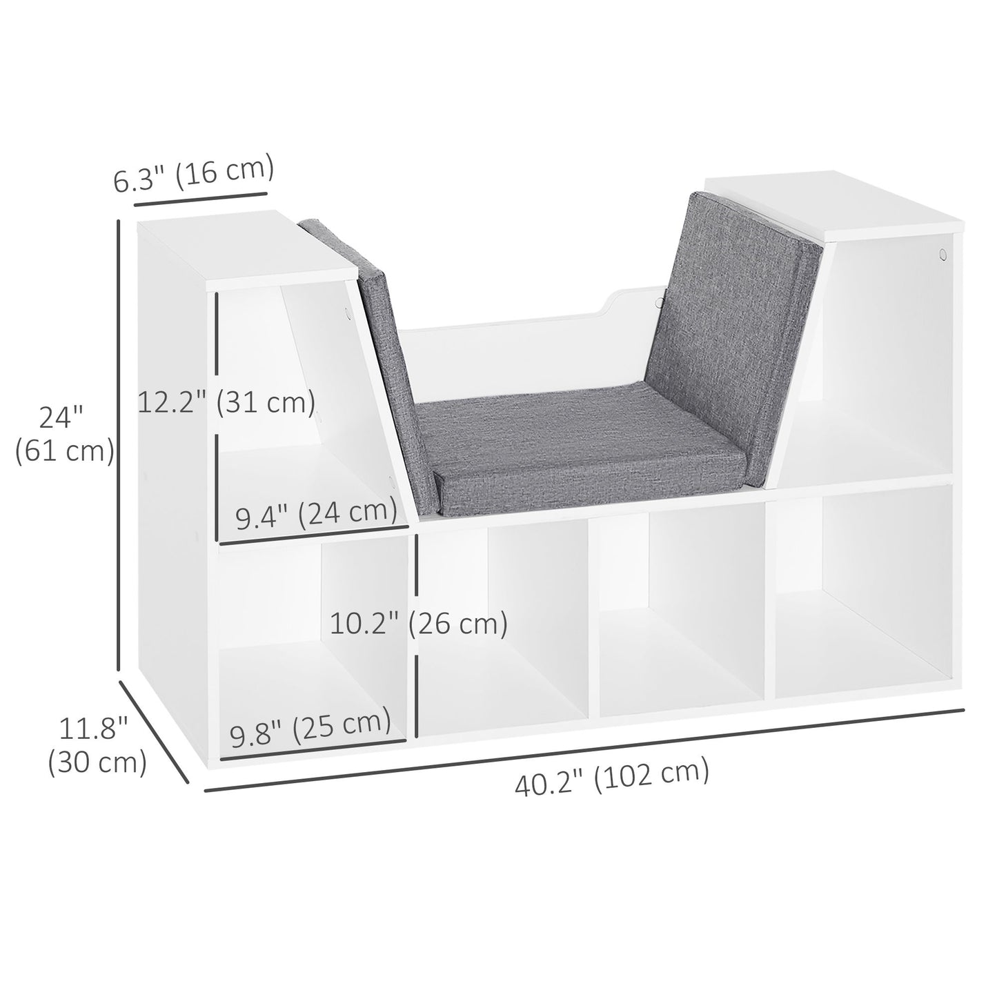 6-Cubby Bookcase with Seat Cushion, Cube Storage Shelf with Reading Nook for Home Office, Study, Grey