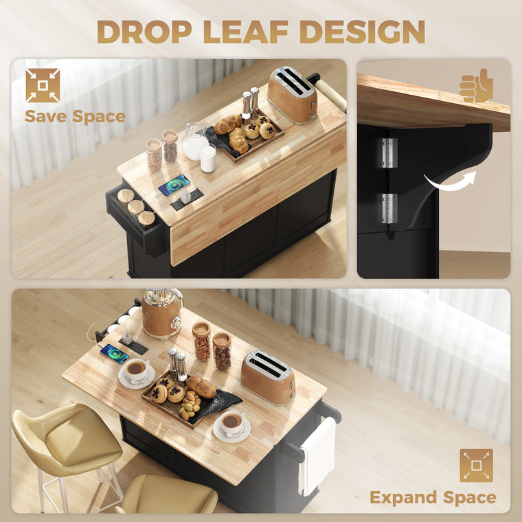 Rolling Kitchen Island with Drop Leaf & Charging Station