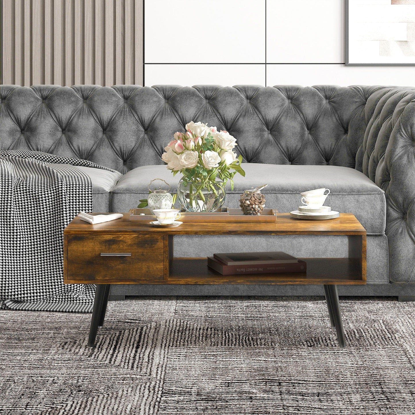 Retro Coffee Table with Storage and Drawer - Rustic Brown