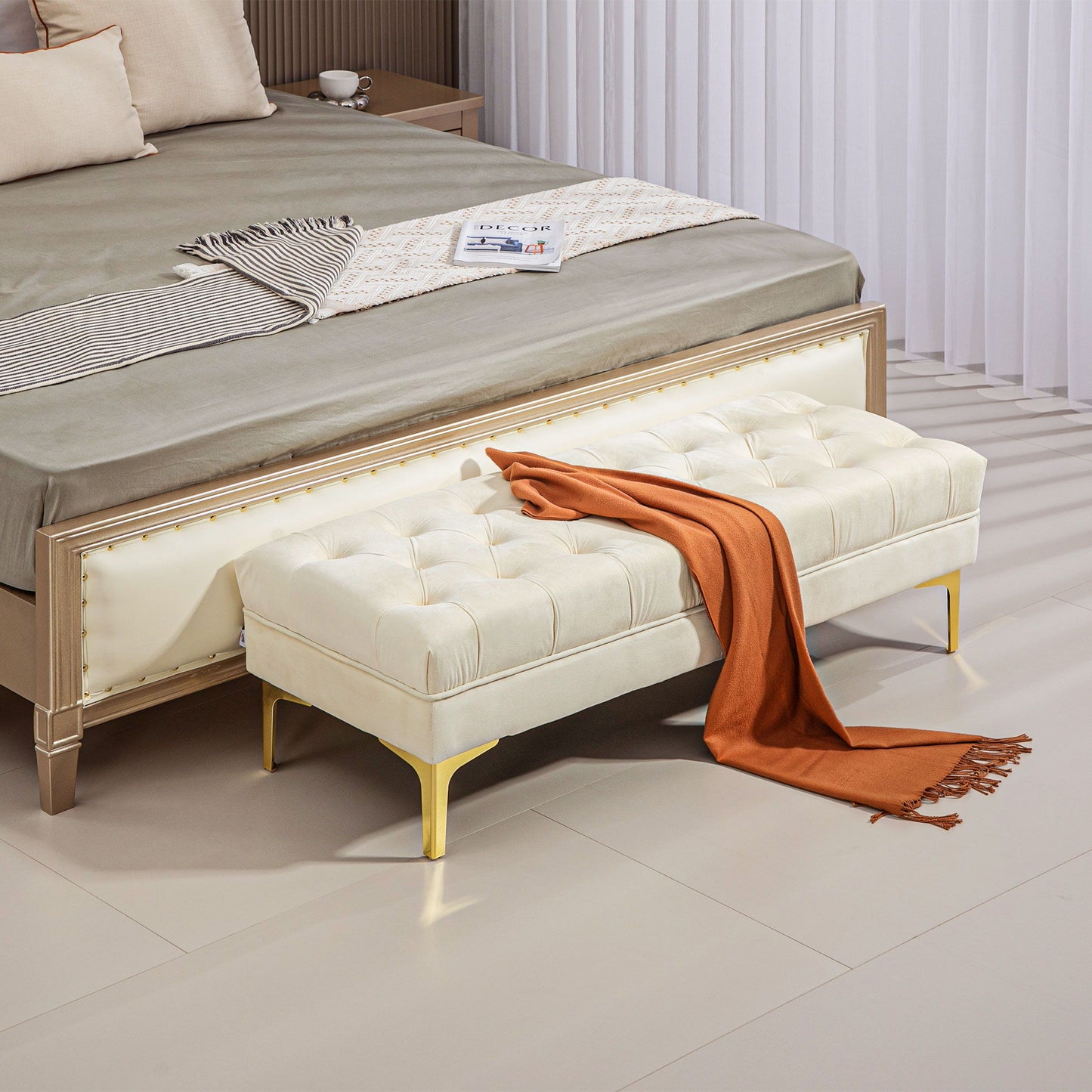 End of Bed Bench, Upholstered Bench, Entryway Shoe Bench with Button Tufted for Living Room, Bedroom, Beige