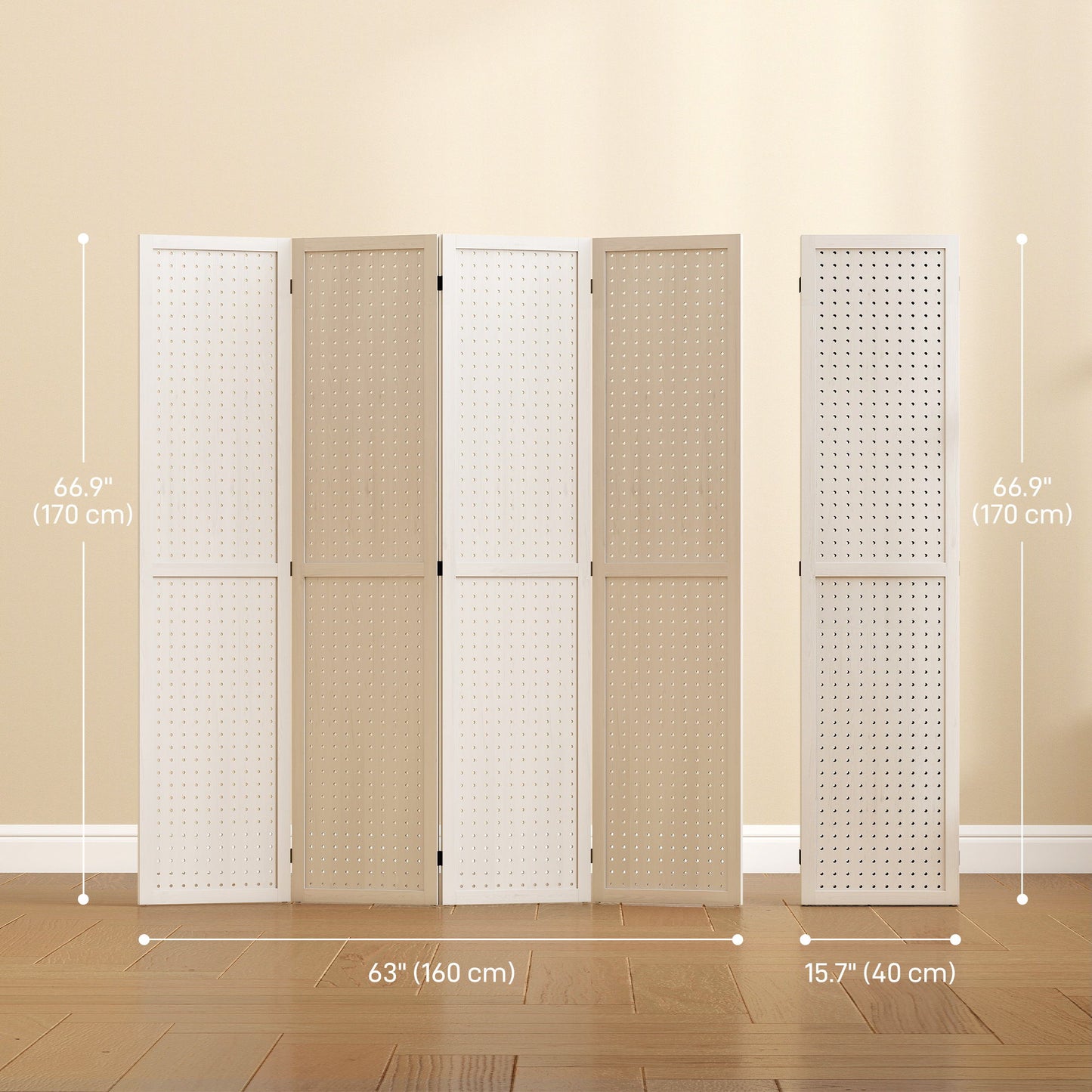 5.6 Ft. Tall 4-Panel Room Divider, Pegboard Panel Folding Privacy Screen, Partition Wall Divider for Bedroom, White