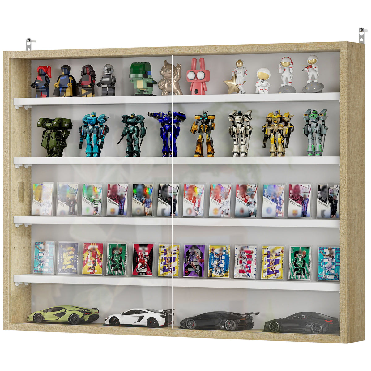 5-Tier Display Cabinet, Shot Glass Display Case, Glass Curio Cabinet with 2 Glass Doors and 4 Adjustable Shelves, Oak