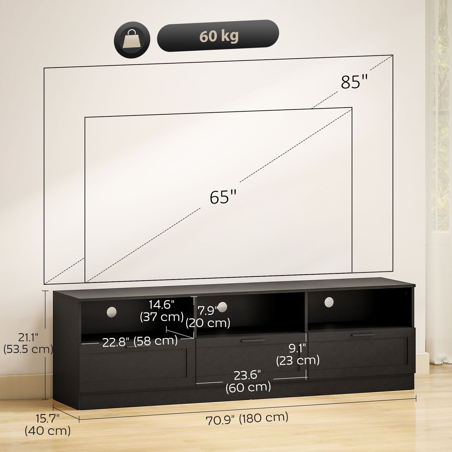 TV Stand with Storage, Modern Entertainment Center with 3 Cabinets and 3 Open Shelves, for TVs up to 85", Black