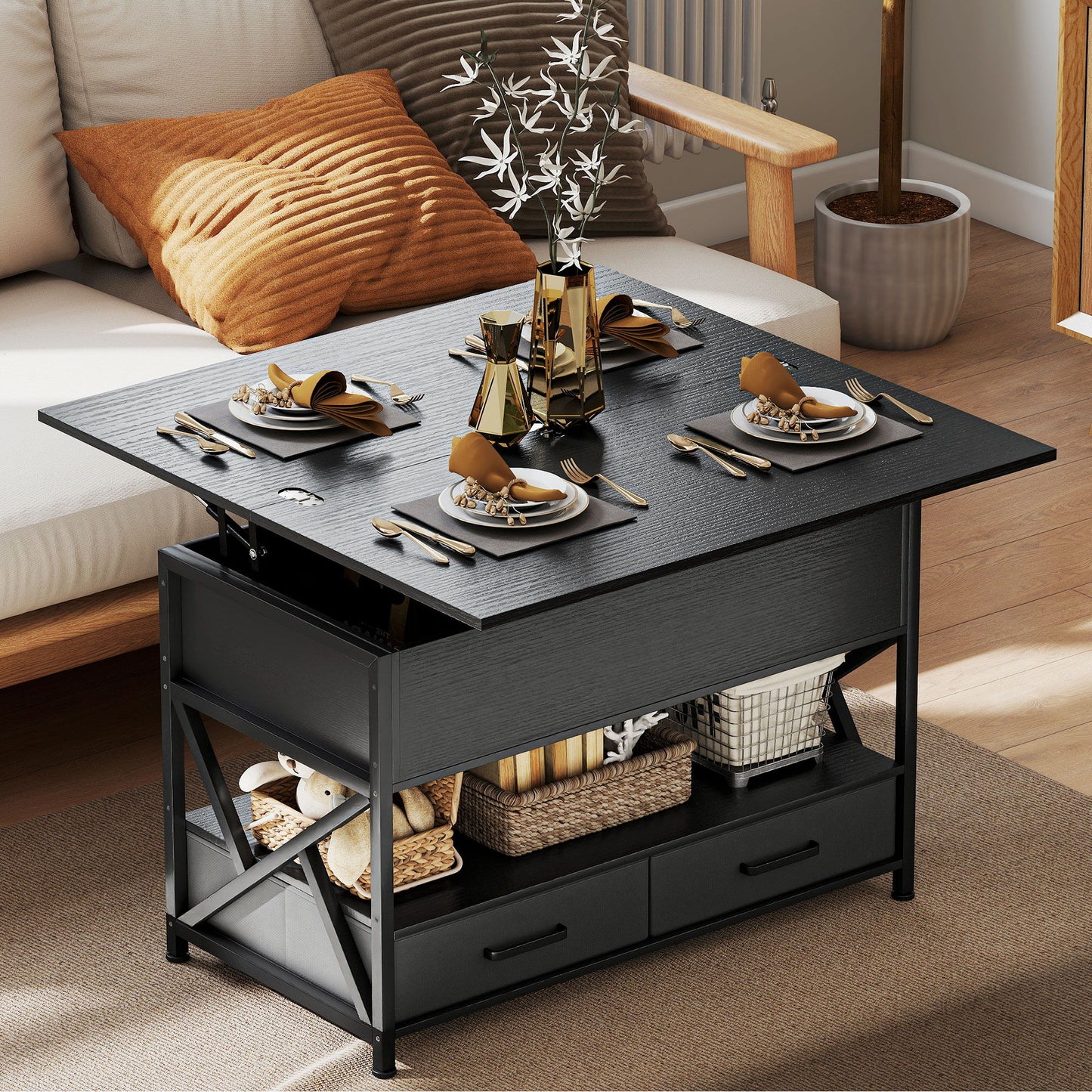 Modern Coffee Table, Lift Top Center Table with Fabric Drawers and Hidden Storage for Living Room, Distressed Black