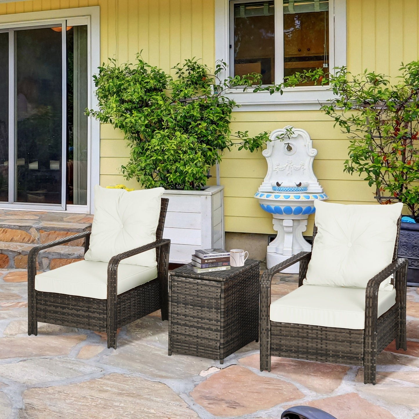 3 Pieces Wicker Patio Furniture Set, Rattan Bistro Set with Storage Coffee Table and Thickened Cushions, Outdoor Conversation Set for Garden, Porch, Balcony, Beige