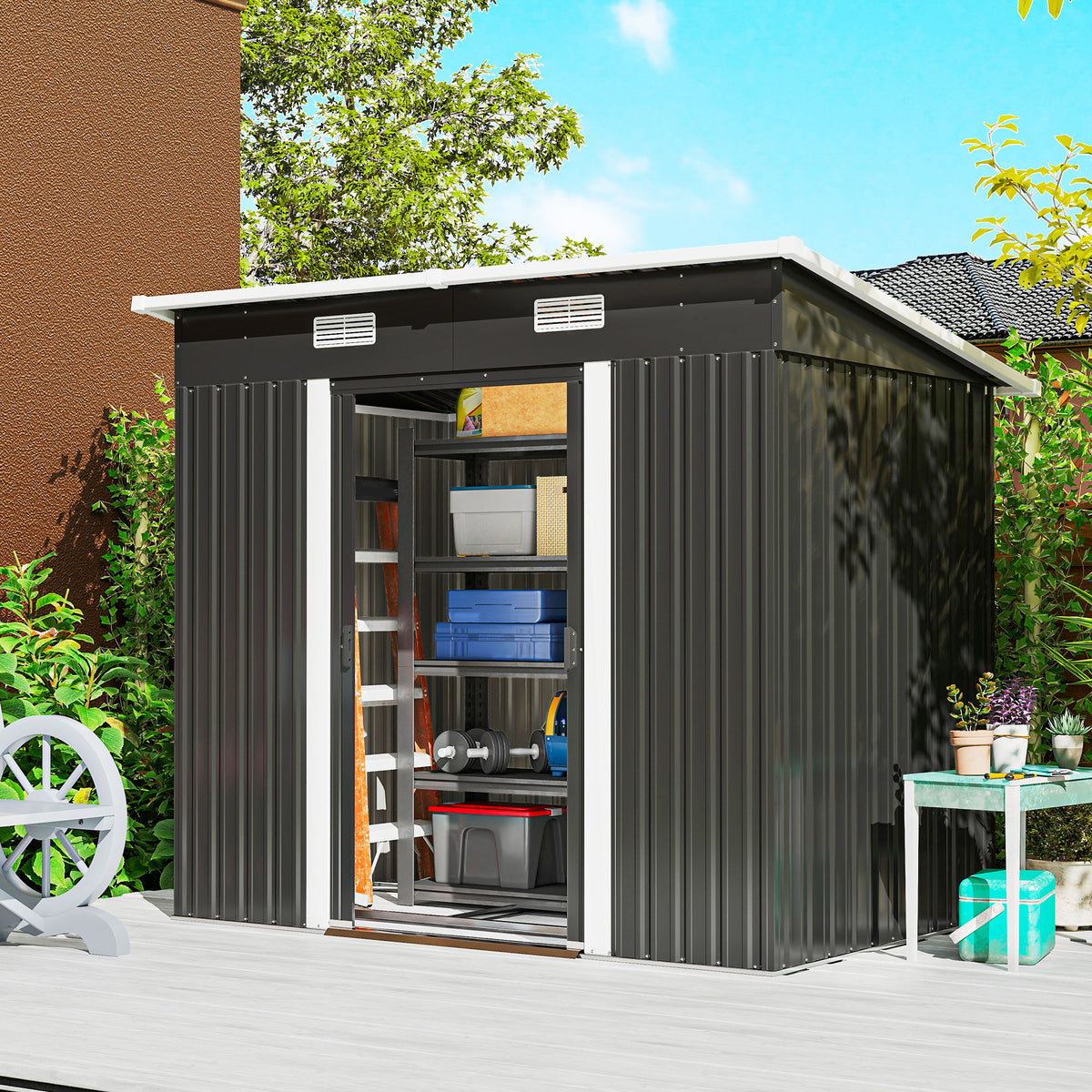 7' x 4' Metal Storage Shed, Lockable Tool Unit - Black