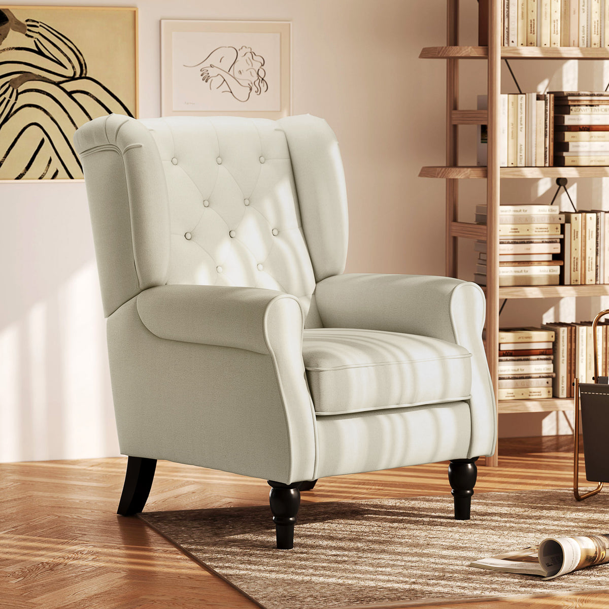 Fabric Accent Chair, Button Tufted Armchair, Upholstered Modern Living Room Chair, Wingback Chair with Wood Legs, Rolled Arms, Thick Padding for Bedroom, White