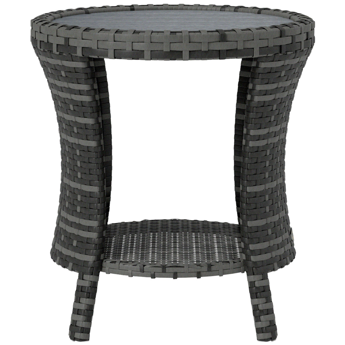 18" Wicker Outdoor Coffee Table, PE Rattan Patio Side Table with 2-Tier Storage, Composite Wood Top, Grey