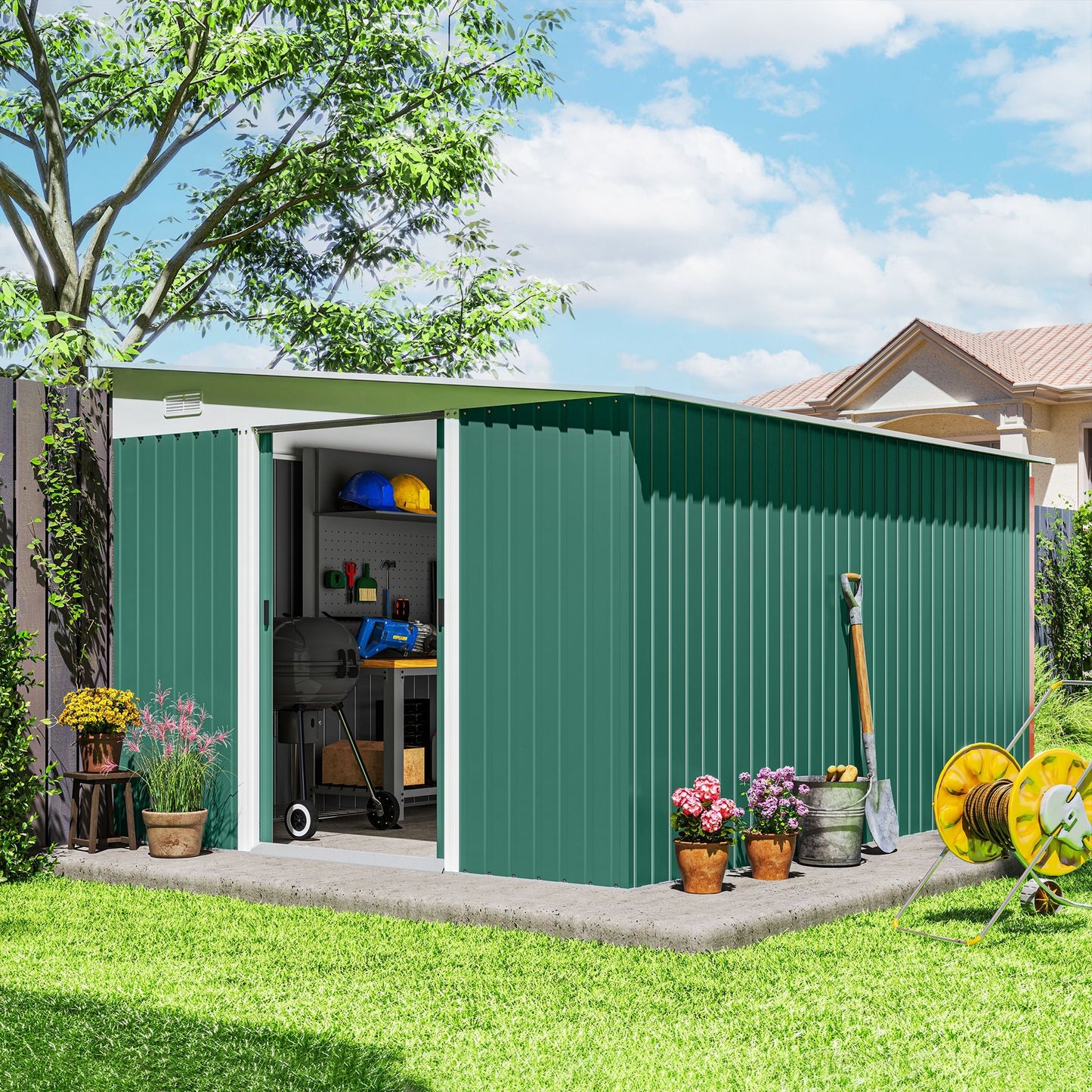 11' x 9' Steel Garden Storage Shed, Outdoor Metal Tool House with Double Sliding Doors & 2 Air Vents, Green