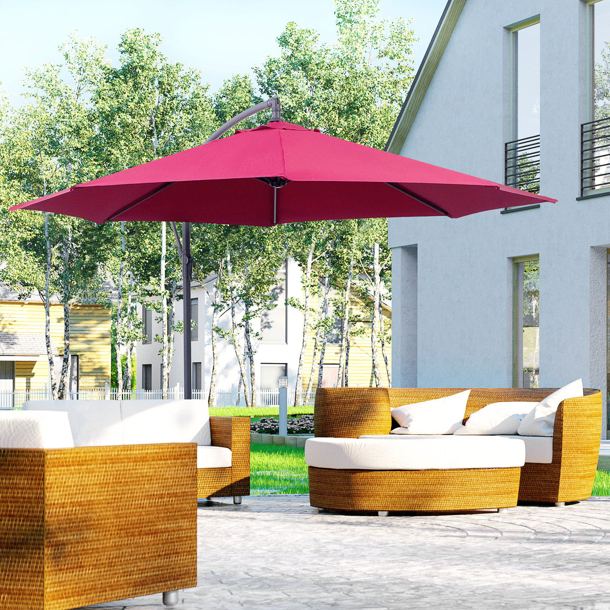 10' Deluxe Patio Umbrella, Outdoor Market Parasol, Banana Hanging Offset Sunshade with Crank, Cross Base, Wine Red