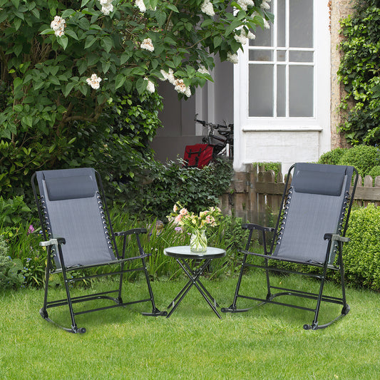 3pc Patio Rocking Chair Set, Folding Outdoor Rocking Chairs and Table Bistro Set w/ Breathable Mesh Seat & Backrest, Headrest for Park, Backyard, Garden, Grey - Grey