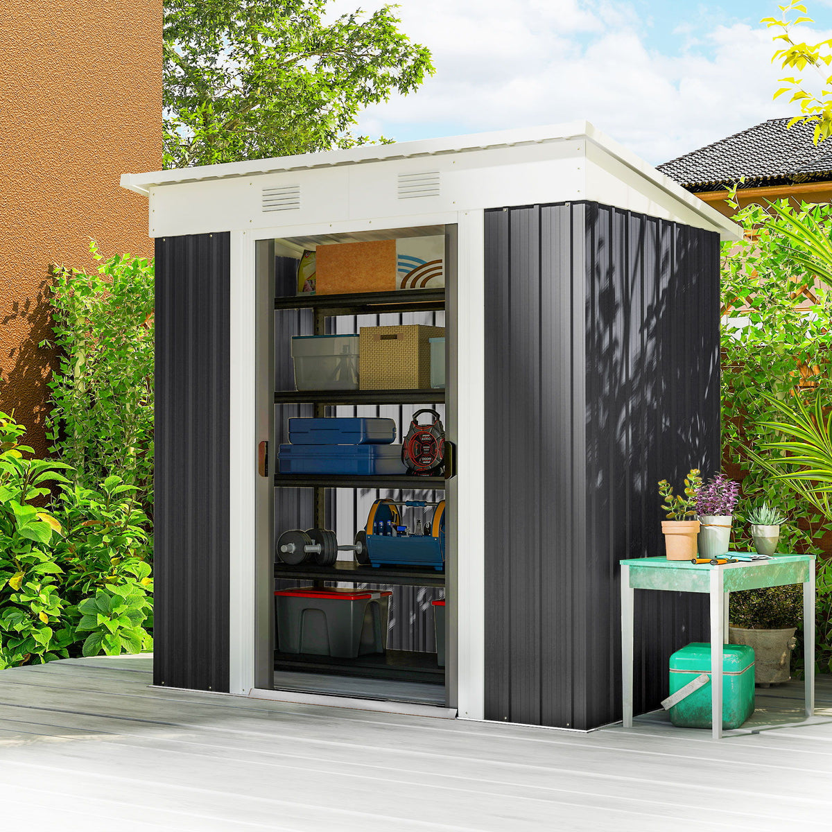 6' x 4' Outdoor Storage Shed, Metal Garden Tool Storage House Organizer with Lockable Sliding Doors and Vents for Backyard Patio Lawn, Charcoal Grey