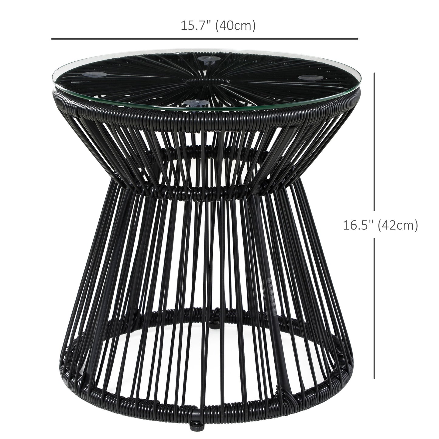 Round End Table, Rattan Side Table, Hollow Drum Design Coffee Table w/ Glass Tabletop for Patio, Garden, Balcony, Black