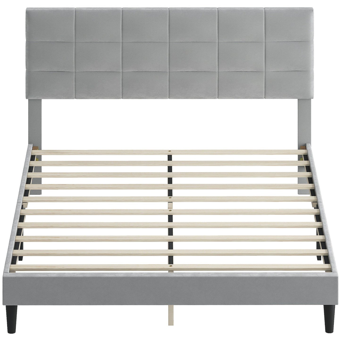 Queen Platform Bed Frame with Upholstered Headboard - Grey